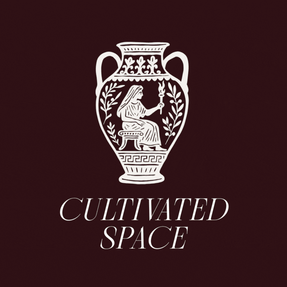 Logo of a classical Greek-style vase with a woman seated holding a torch, surrounded by foliage, and the text 'Cultivated Space' below.