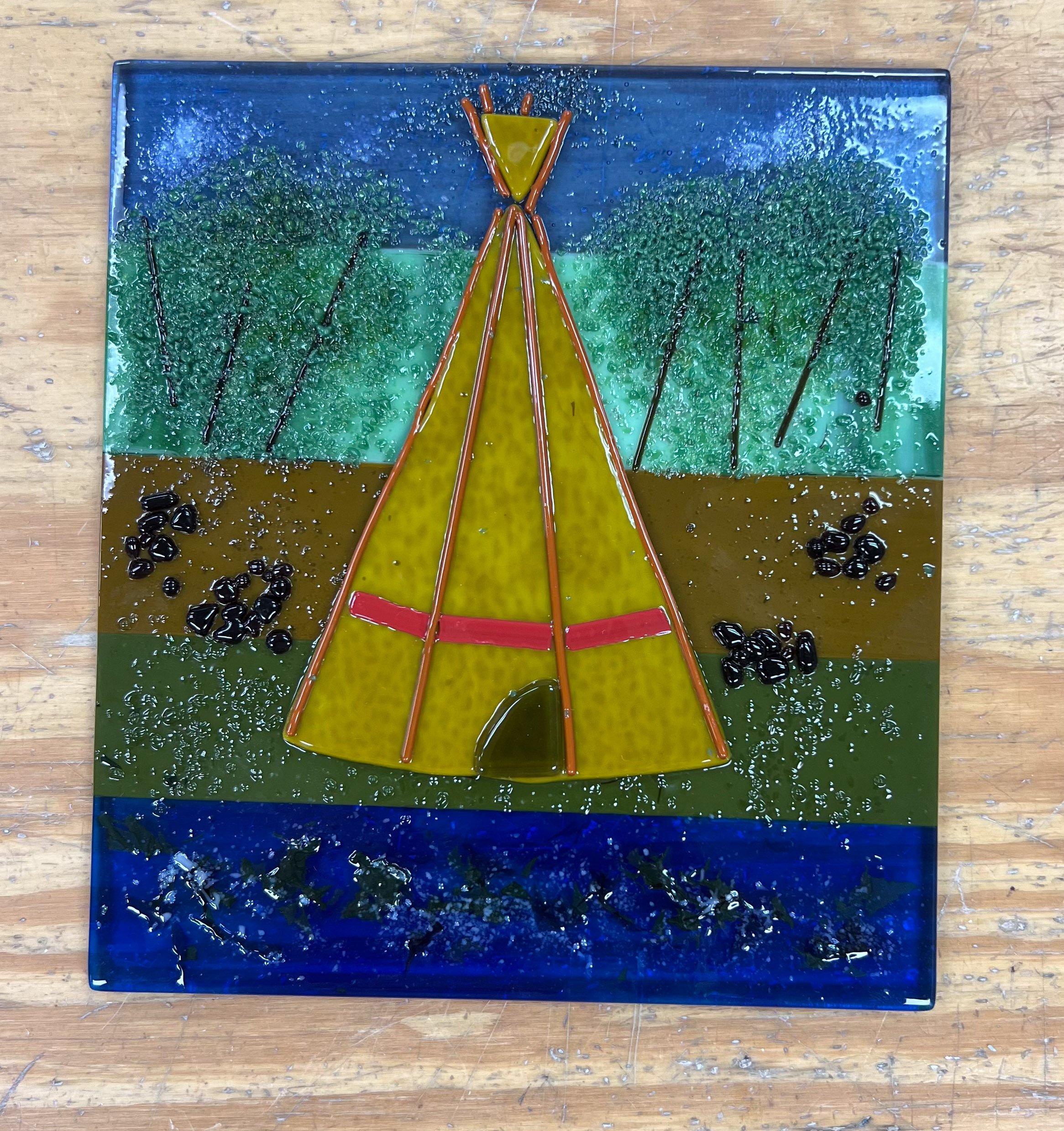 "TP" was done for a friend with those initials and is one of my first efforts using fused glass. It is 8" x 10", using Bullseye Glass sheets, stringers, ribbon and frit. I love the versatility of this medium and l frequently incorporate fused glas