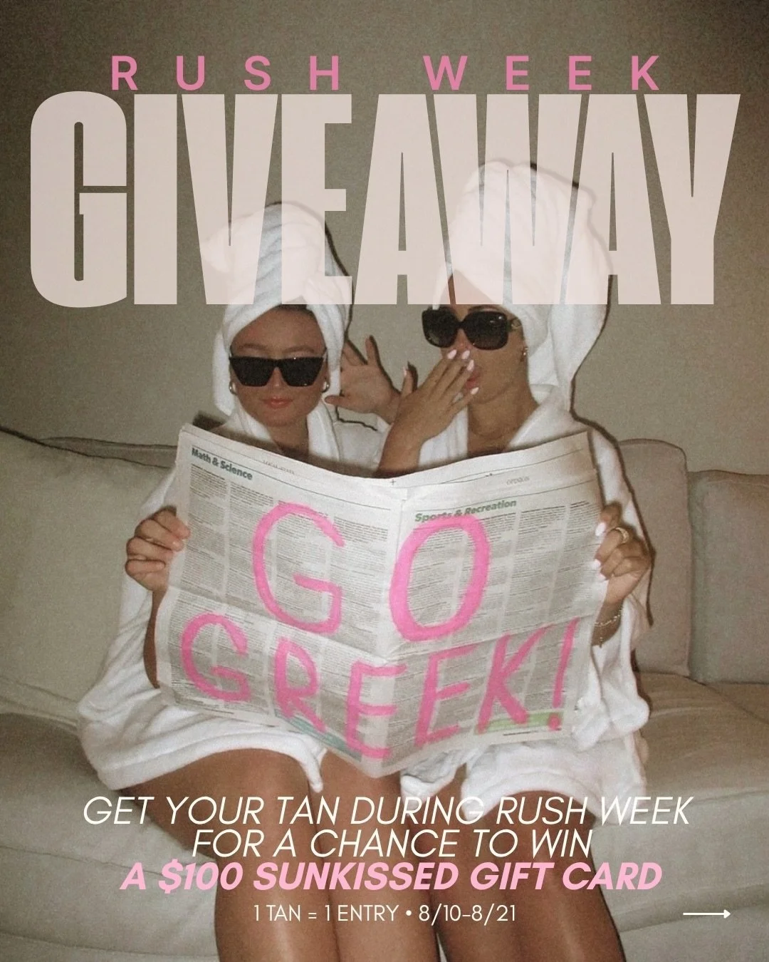 RUSH WEEK IS HERE 🤍🫧
Book a tan with us August 10&ndash;21 for your chance to WIN a $100 Sunkissed gift card - yours to use toward more tans or retail! 🌊
🐚 Every tan = 1 entry
🐚 Every tan add-on = 1 extra entry
🐚 Get a second tan = 2 bonus entr