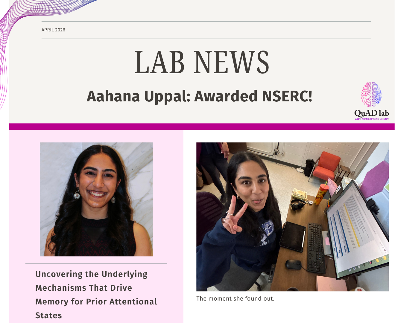 APR 2026: We're ecstatic to share that our master’s student, Aahana Uppal, won an NSERC award!!!