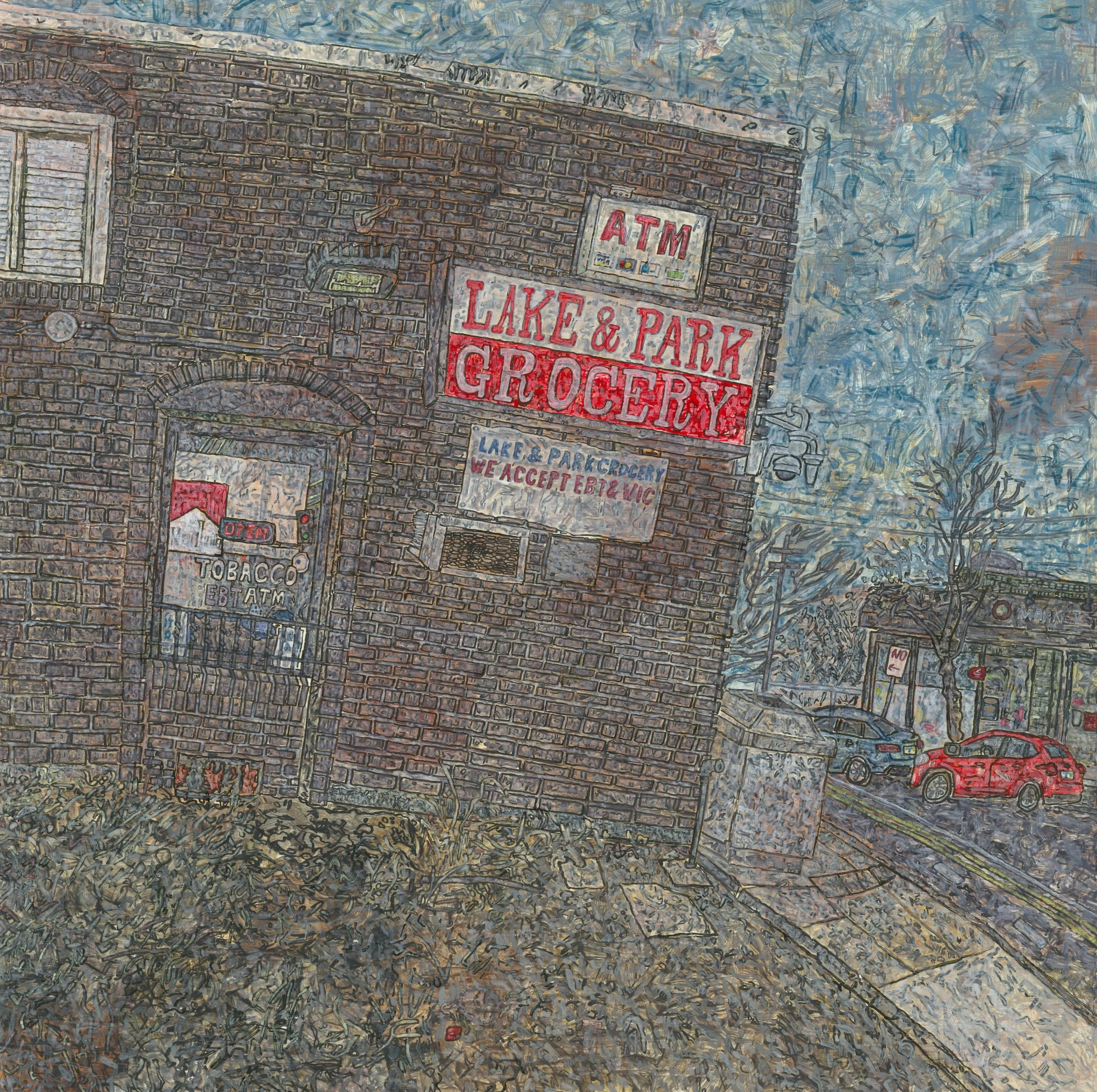 Lake Park and Grocery, acrylic on gesso board, Mathew Clara.jpg