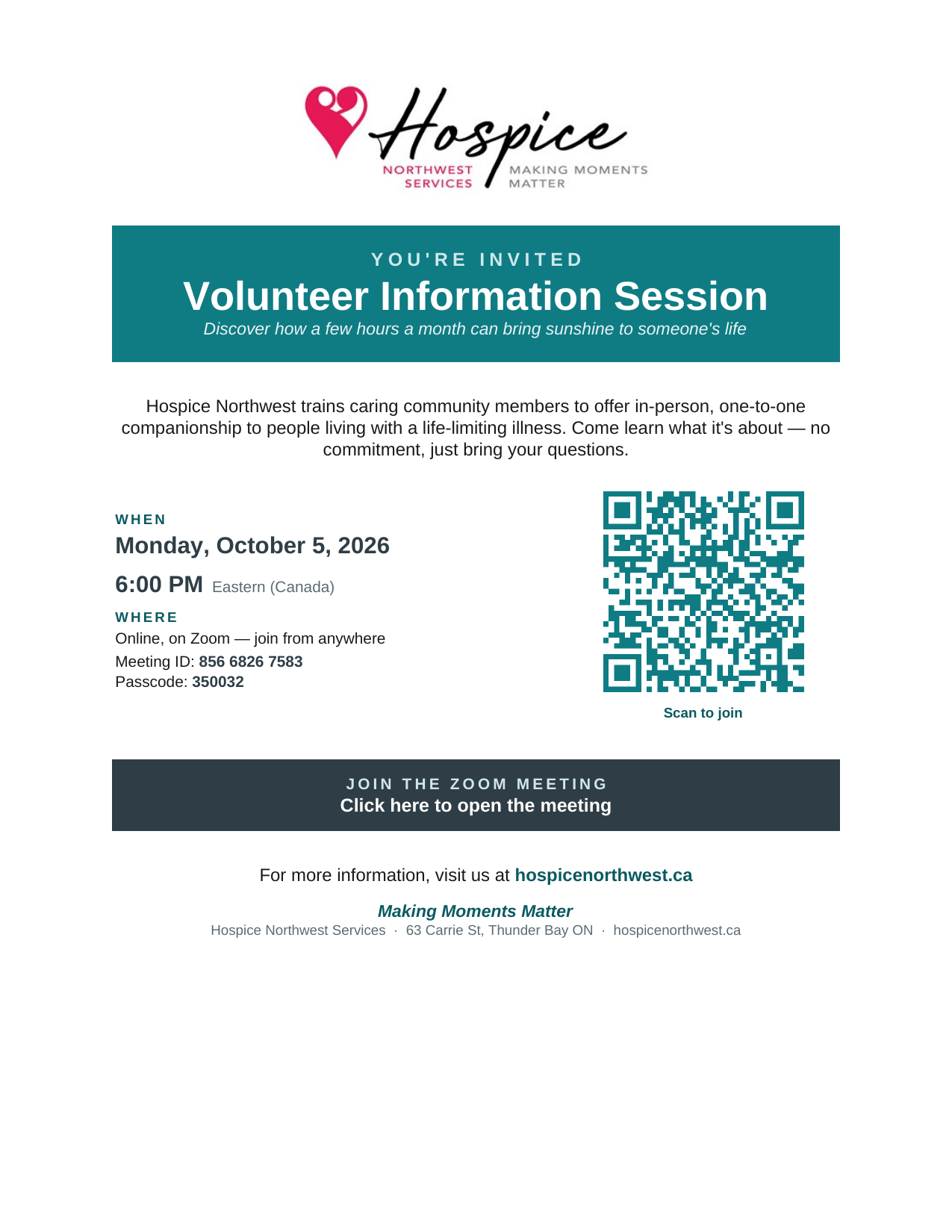 Hospice Northwest Volunteer Information Session (on Zoom)