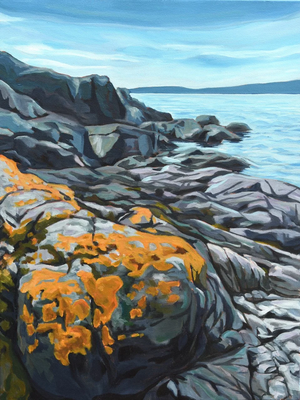 Breathe In, a painting by Angela Wiebe with a rocky shore in the foreground covered in orange moss