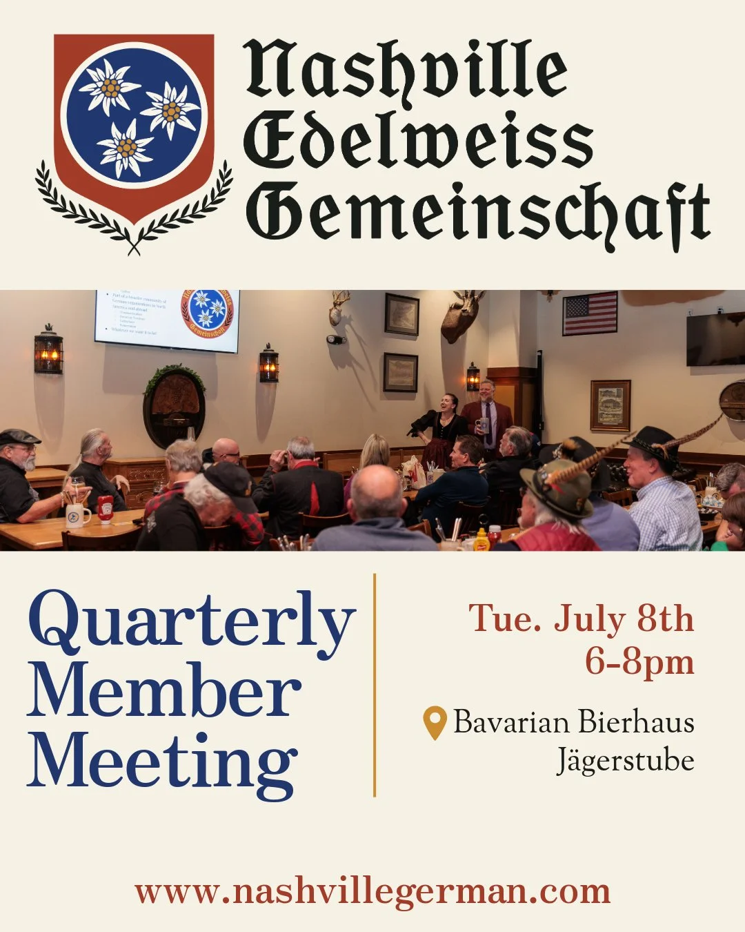 Our Quarterly Member meeting is tomorrow! We're meeting in the Jagerstube at @bierhausnash at 6pm. All members and those who are interested in joining are encouraged to come!