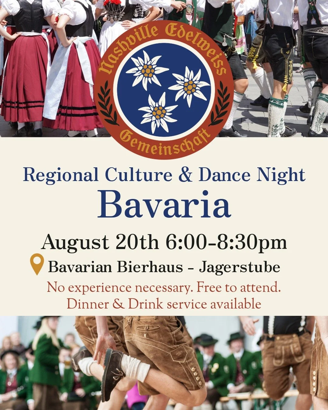 Hey, Nashville Germans! Come out to our next Regional Culture &amp; Dance Night on August 20th. We're doing Bavaria AGAIN because we only had a couple people show up last month. This one is really fun and you don't want to miss it! Seriously, Kathlee