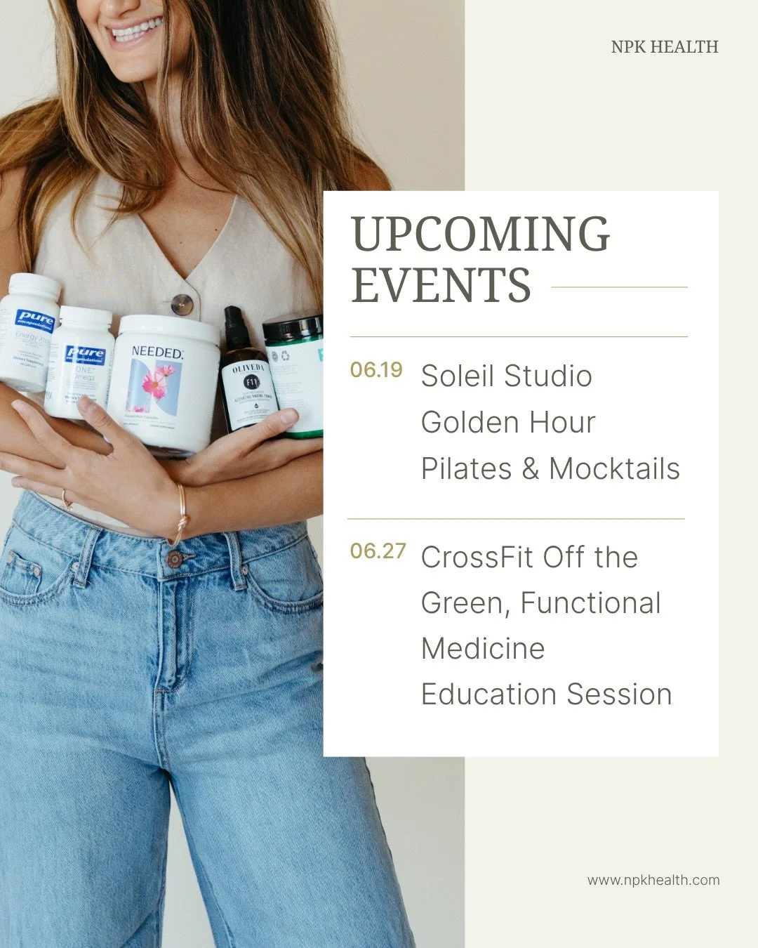 NPK Health is hitting the community this June!

Join us for two opportunities to move, learn, connect, and invest in your health.

🧘&zwj;♀️ June 19 | Soleil Studio | 6 PM
Golden Hour Pilates &amp; Mocktails
&bull; Pilates
&bull; Supplement education