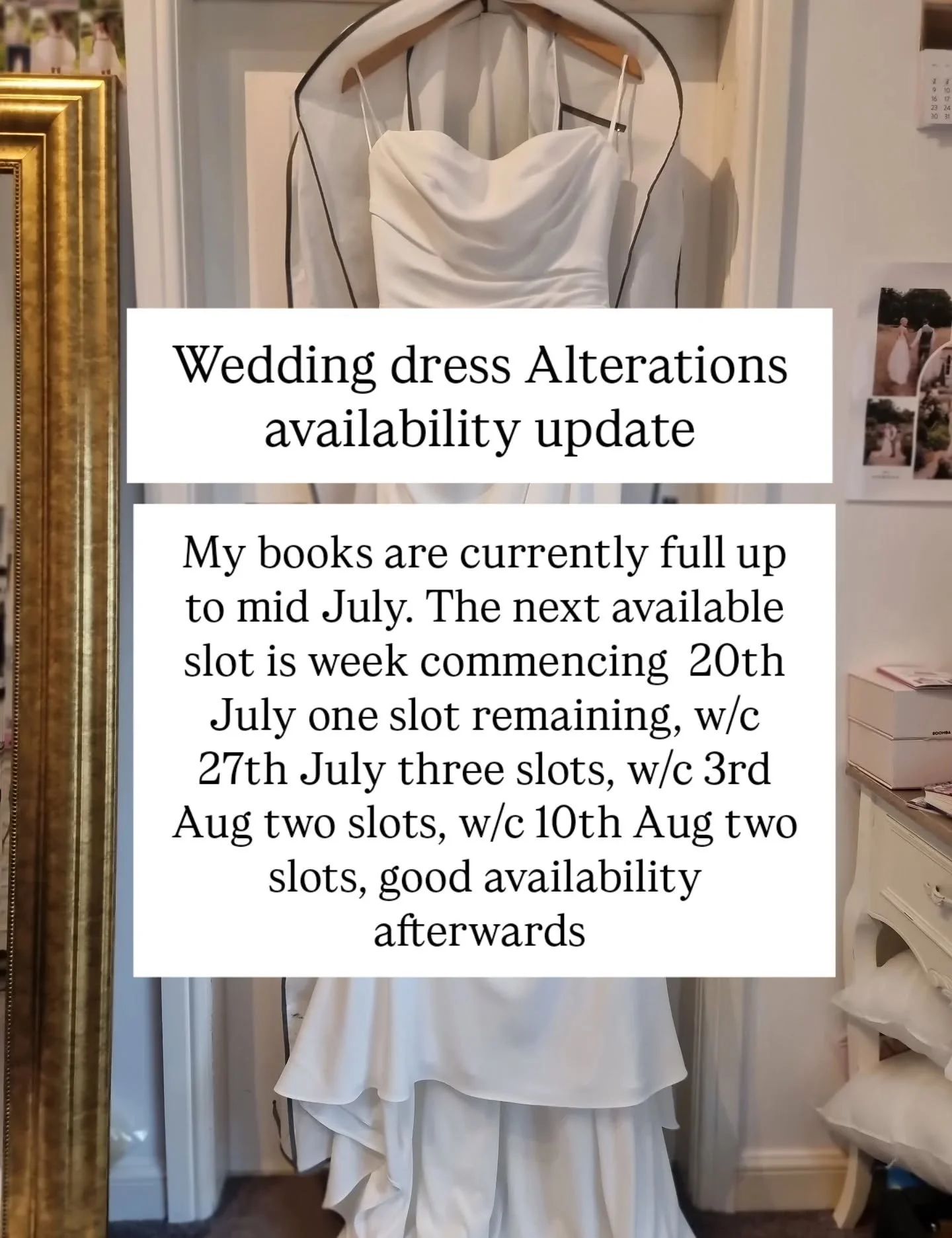 Current availability as of today (7 March 2026) for bridal wear alterations. 

Remember my books are open 14 months ahead, I'm already taking bookings for 2027!

It's best to book in with a bridal seamstress as soon as you purchase your dress.

A per