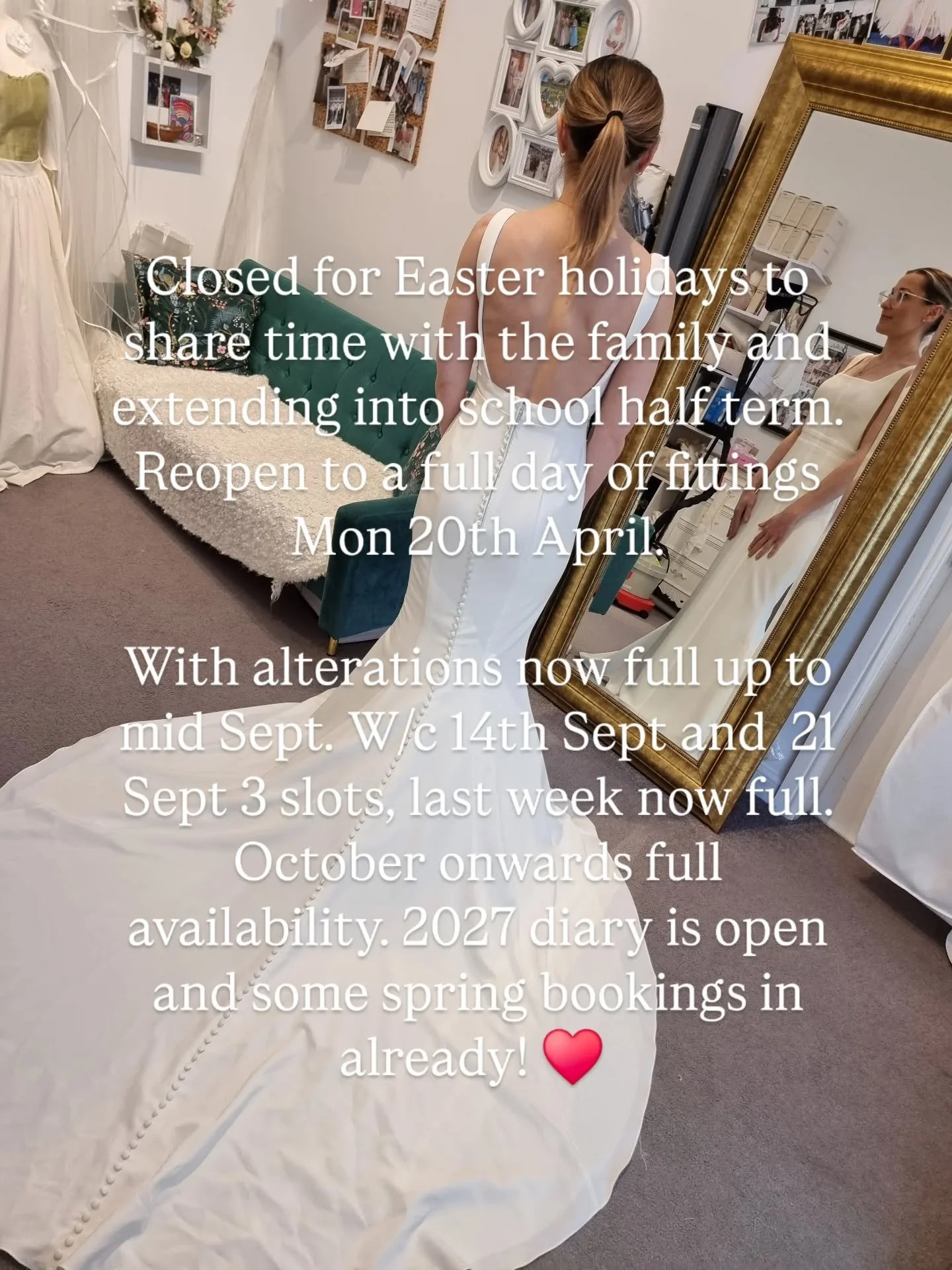 Update on April opening and remaining availability for this year.

Have a lovely Easter break if you can and I hope the weather is as unexpectedly warm as today🌞

Happy wedding day to my April bride's who have recently collected their dresses. I lov