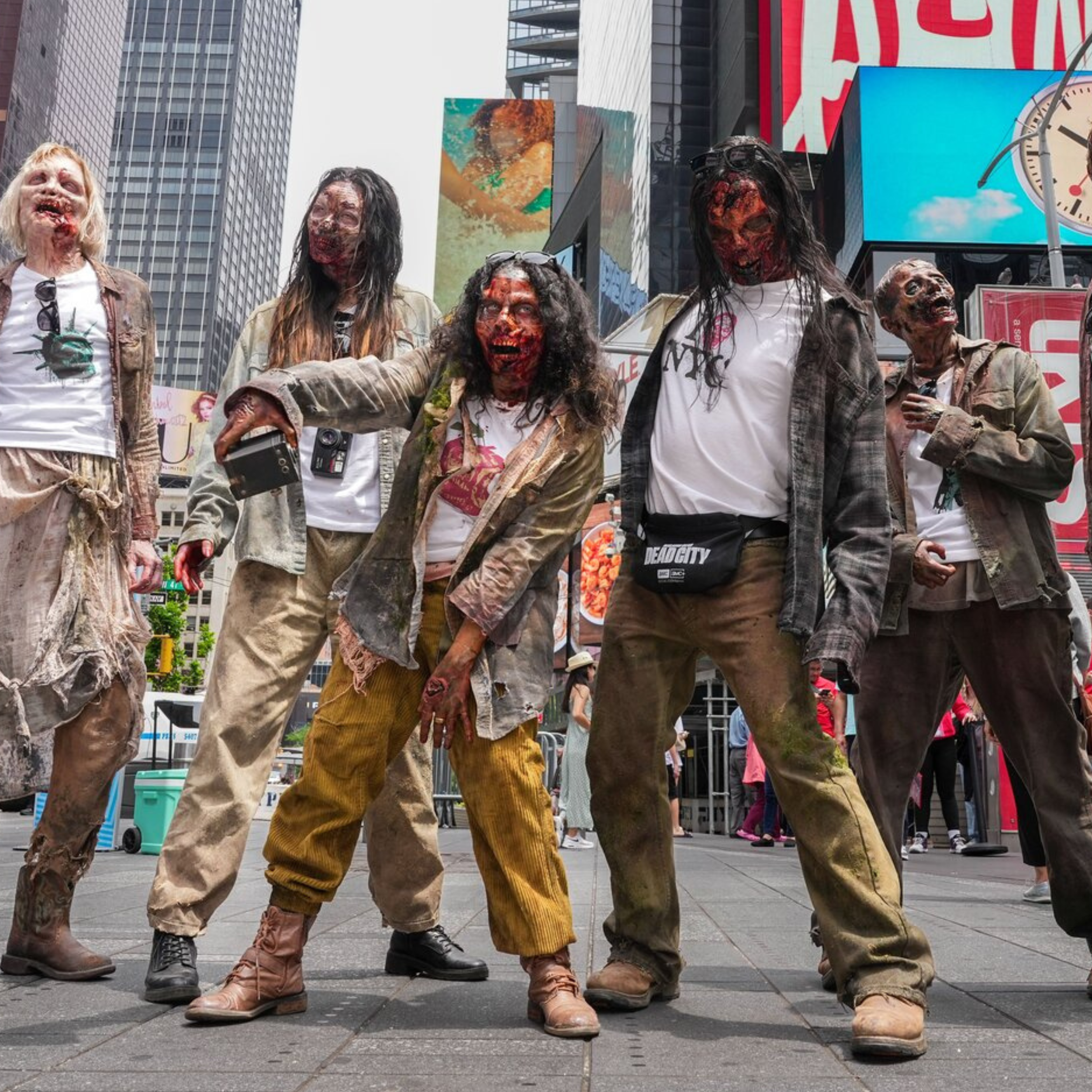 Five people dressed as zombies with makeup to look like decayed, undead creatures, standing on a city street with tall buildings and digital billboards in the background.