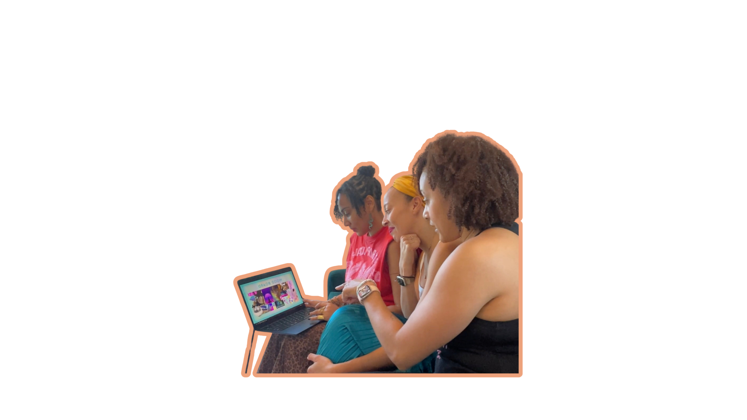 Four women sitting in a row, looking at a laptop with a colorful display, engaged in an activity or presentations.