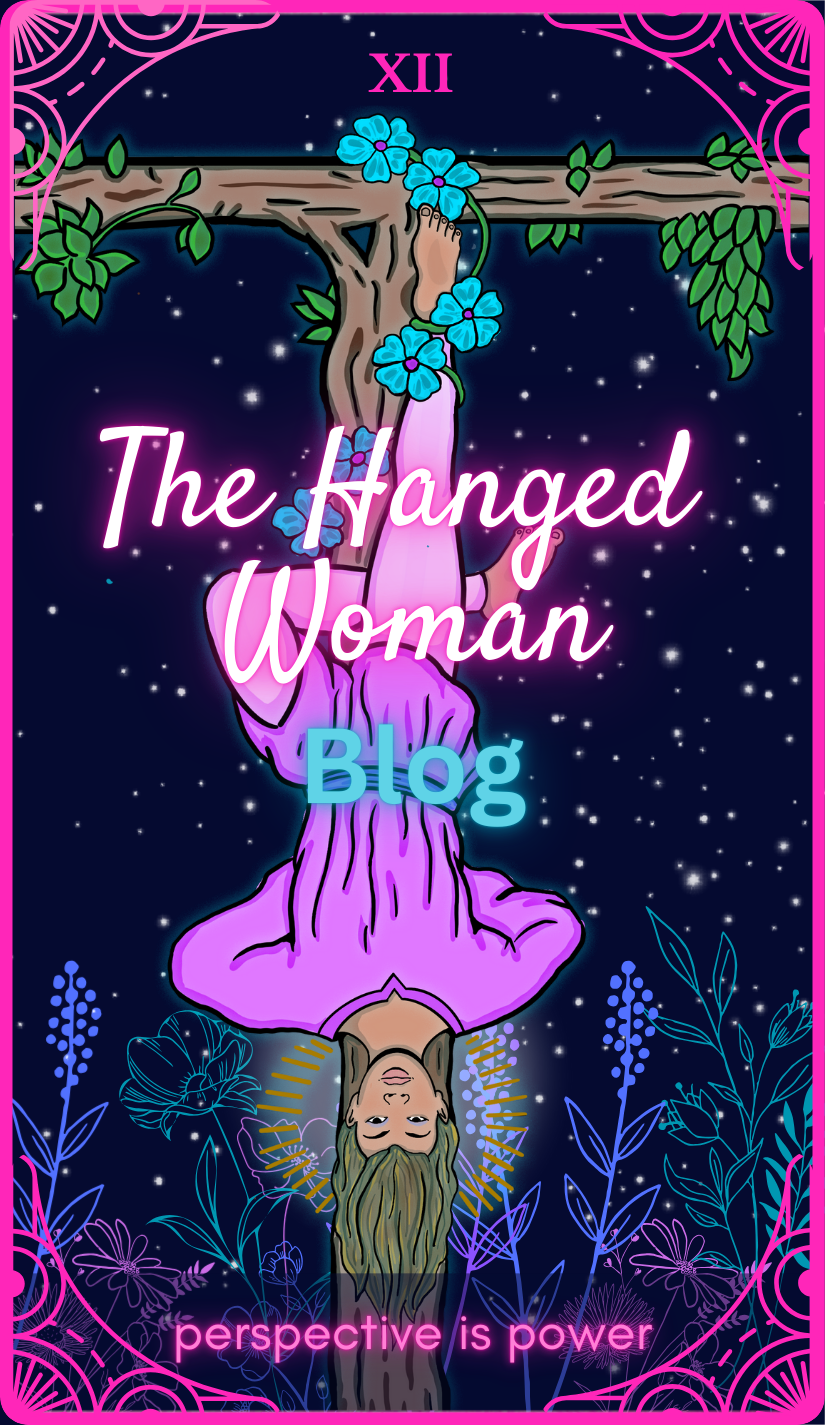 Illustrated "The Hanged Woman Podcast" cover with a woman in pink hanging upside down from a tree, surrounded by blue flowers and a starry background, with the text "perspective is power."