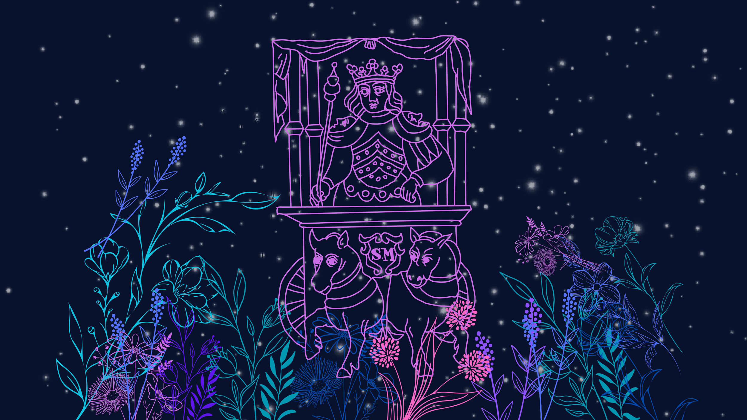 Neon outline illustration of a royal figure on a throne, with a crown and scepter, surrounded by flowers and stars.