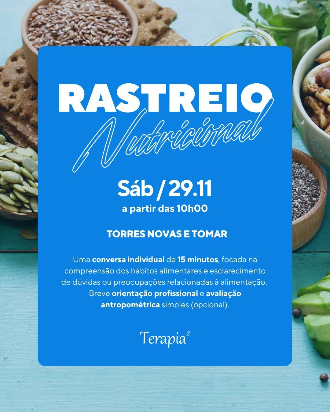 📢 Save the Date &mdash; Rastreio Nutricional
S&aacute;bado, 29/11, a partir das 10h, vamos estar em Torres Novas e Tomar para um rastreio nutricional aberto &agrave; comunidade!

Se tens d&uacute;vidas sobre h&aacute;bitos alimentares, queres uma or