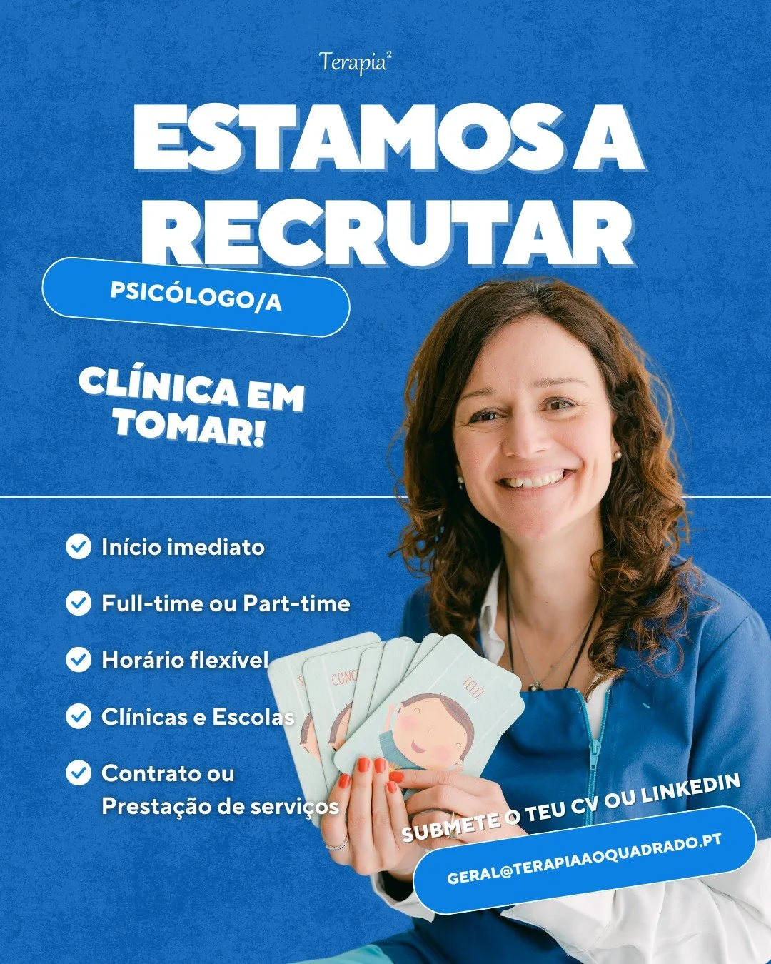 🚀 Estamos a crescer e queremos refor&ccedil;ar a nossa equipa em Tomar!

Procuramos Psic&oacute;logo/a para integrar a nossa cl&iacute;nica, com possibilidade de trabalho em part-time ou full-time e hor&aacute;rio flex&iacute;vel. A interven&ccedil;