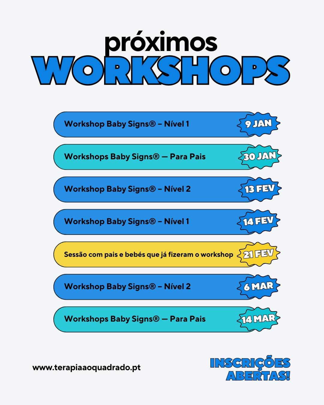 👐 Workshops Baby Signs&reg; &mdash; Inscri&ccedil;&otilde;es Abertas

J&aacute; temos novas datas para os Workshops Baby Signs&reg;, pensados para pais, beb&eacute;s e profissionais que acreditam numa comunica&ccedil;&atilde;o consciente e conectada
