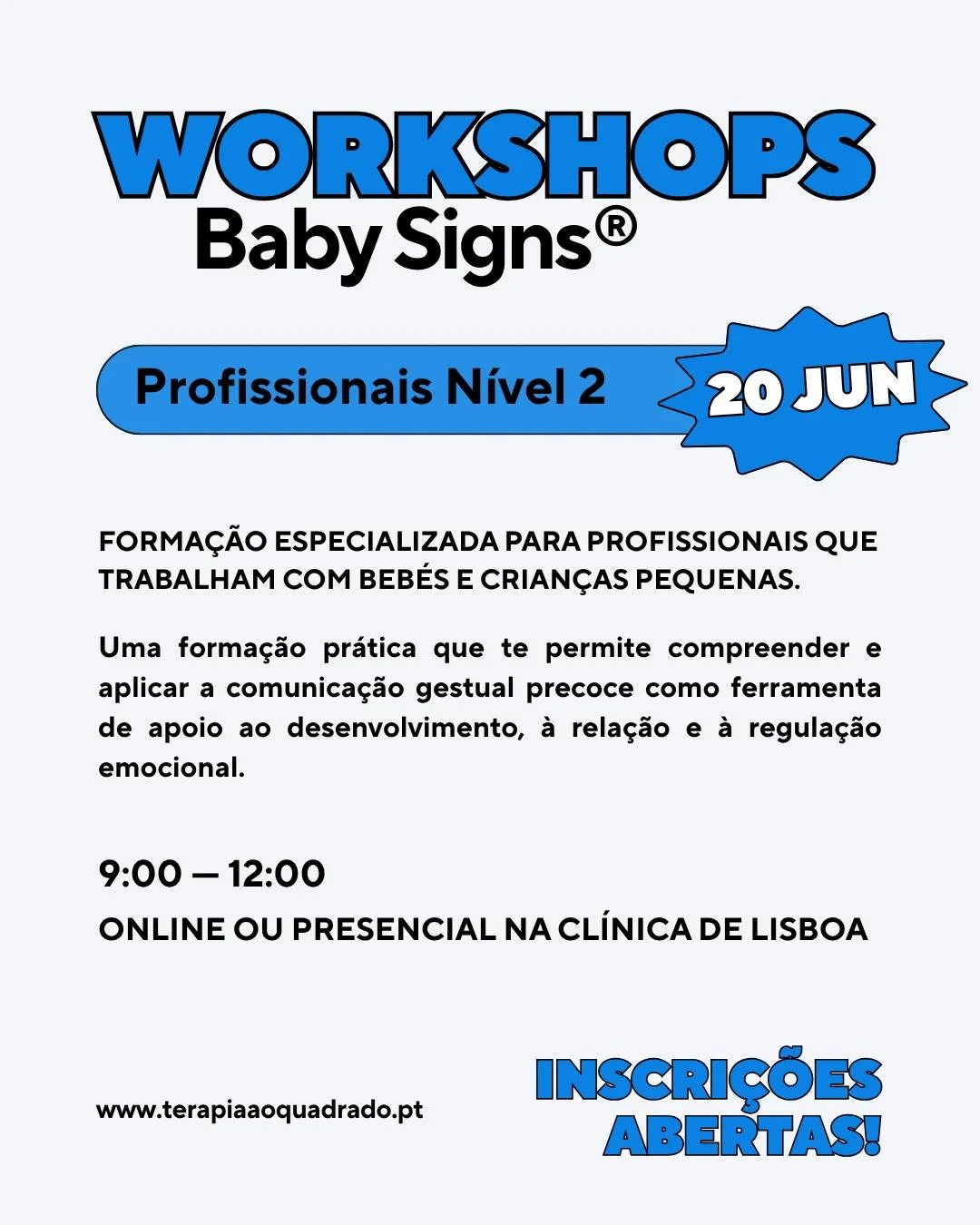 Se trabalhas com beb&eacute;s e crian&ccedil;as pequenas, este workshop &eacute; para ti. 👐
O Workshop Baby Signs&reg; &mdash; Profissionais N&iacute;vel 2 acontece j&aacute; no dia 20 de junho, das 9h00 &agrave;s 12h00, e aprofunda a comunica&ccedi