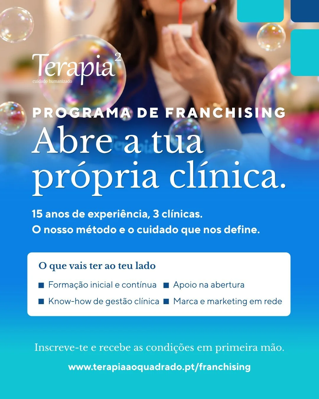 H&aacute; 15 anos que cuidamos de crian&ccedil;as e fam&iacute;lias &agrave; nossa maneira. Agora queremos partilhar essa forma de trabalhar.

Estamos a preparar o programa de franchising da Terapia Ao Quadrado, para quem quer abrir o seu pr&oacute;p