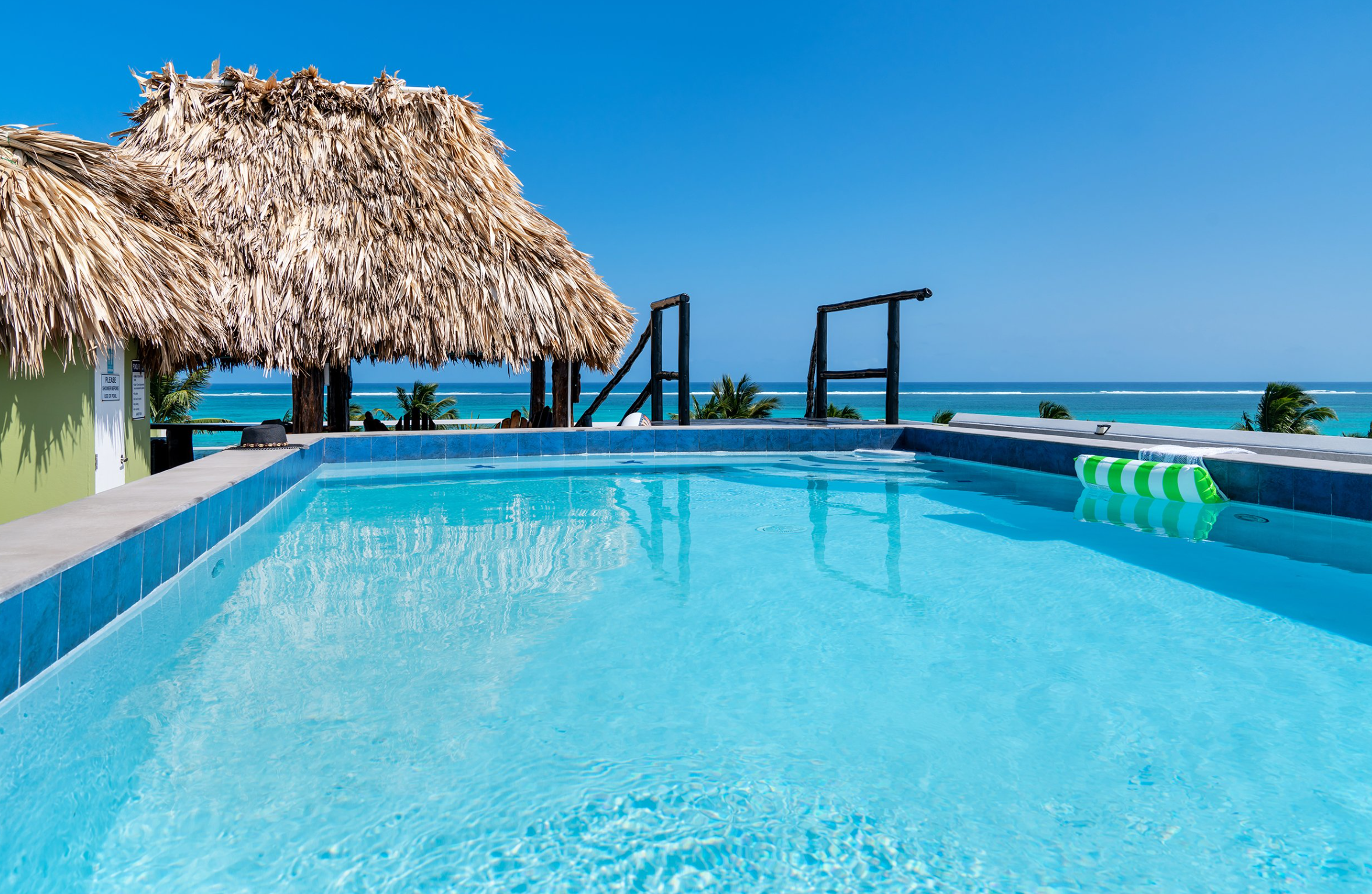 Outdoor swimming pool with clear blue water, surrounded by tropical thatched huts, overlooking the ocean under a clear blue sky.