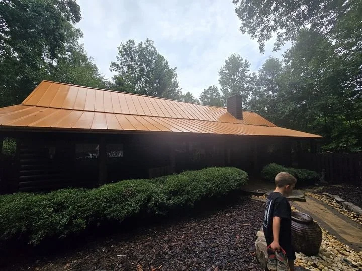 A young boy walking outdoors near a wooden house with a copper-colored metal roof, surrounded by bushes and trees.