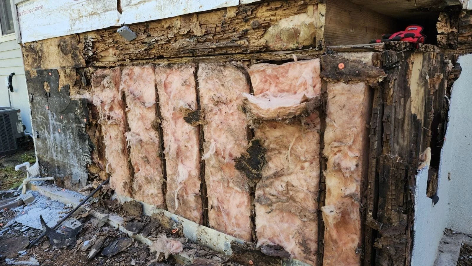 House exterior wall undergoing renovation, with insulation and damaged wood exposed.