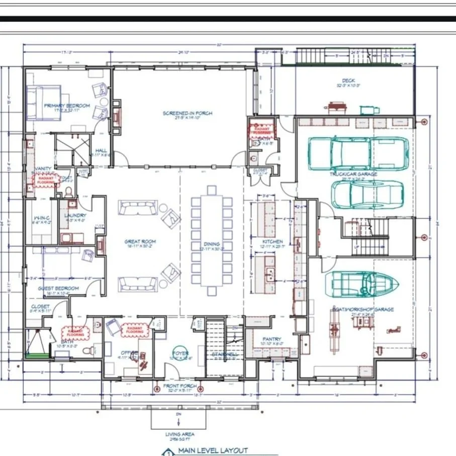 Architectural floor plan of a house showing rooms including bedrooms, bathrooms, kitchen, great room, dining area, laundry, garage, front porch, screened-in porch, deck, and pantry with measurements.
