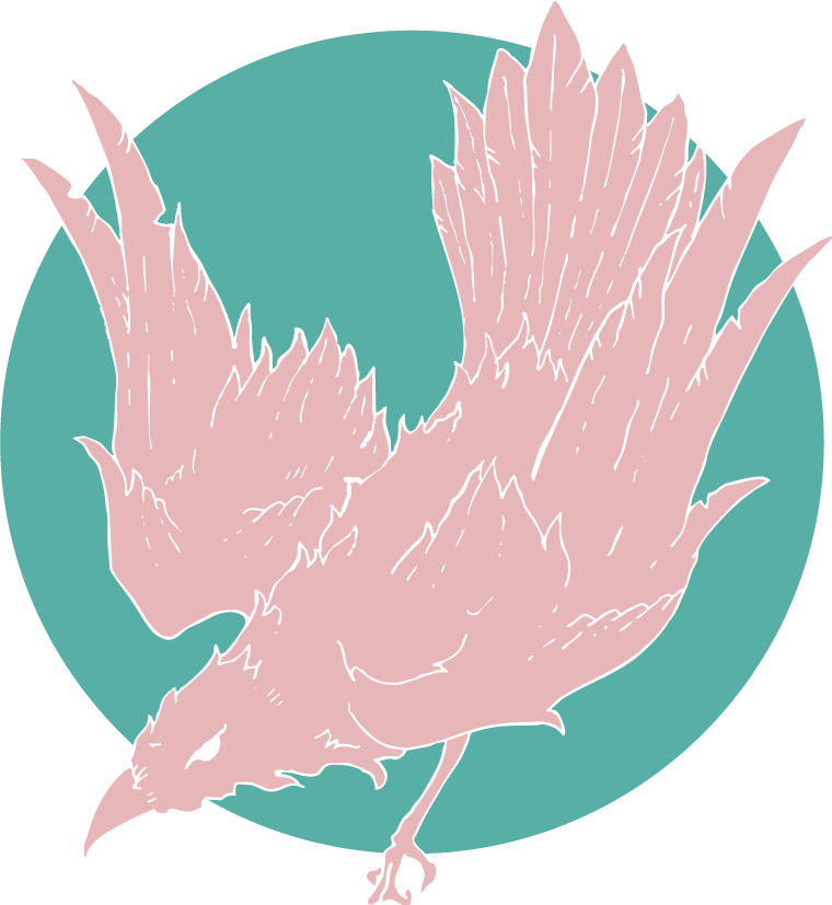 Illustration of a bird with pink feathers and a long body, set against a teal circular background.