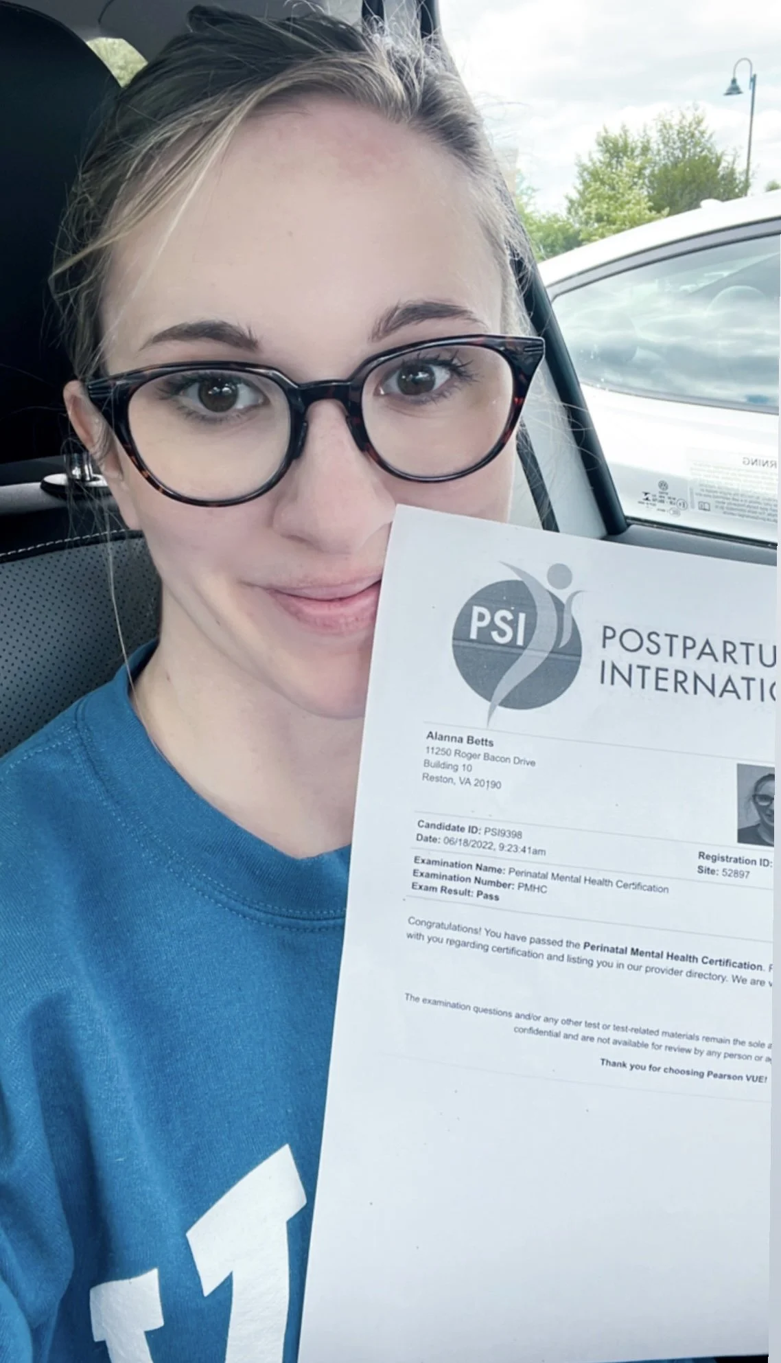 Alanna Betts passing PMH-C exam smiling