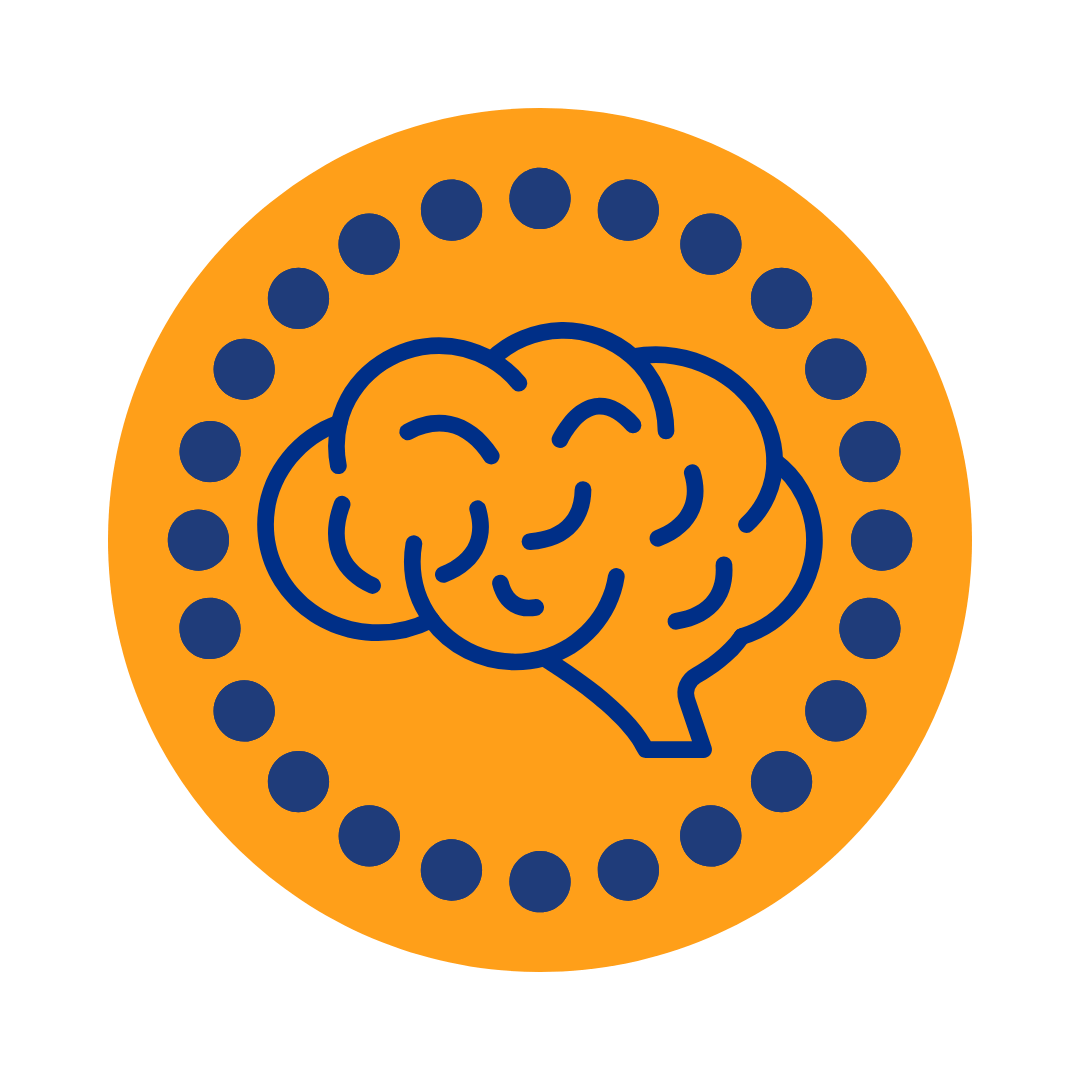 Icon of a brain with orange circle with evenly spaced dots around the perimeter.