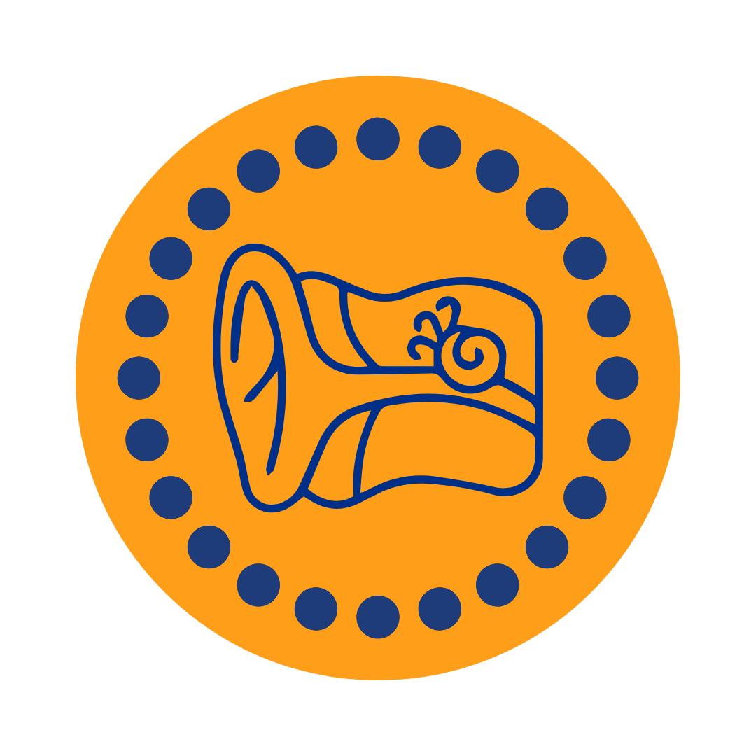 Ear Canal icon surrounded by a dotted circle on an orange background.