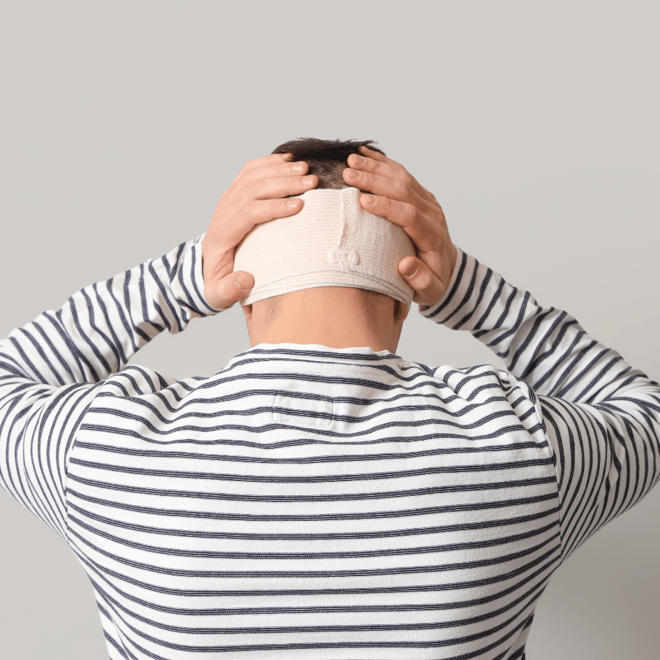 Person adjusting a beige headband on the back of their head, wearing a striped shirt, against a plain gray background.