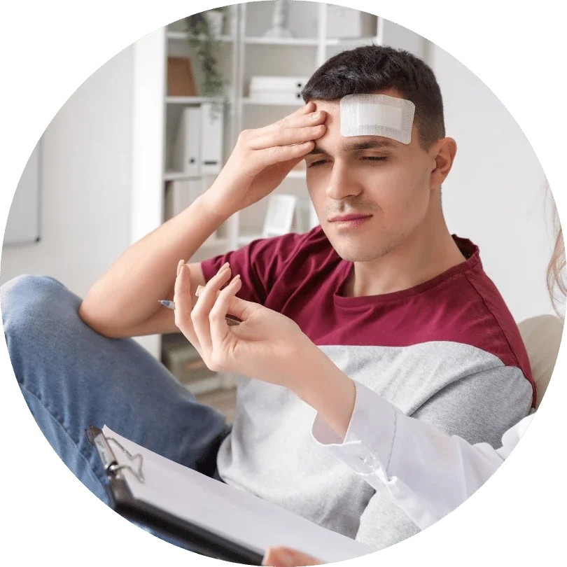 man at the doctor with hand on his forehead due to pain because of concussion