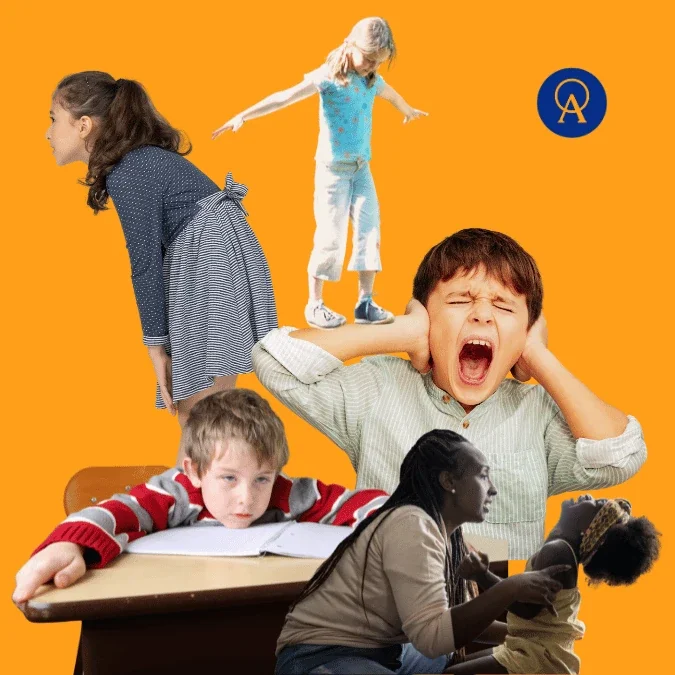Collage of images with kids presenting the signs of retained primitive reflexes