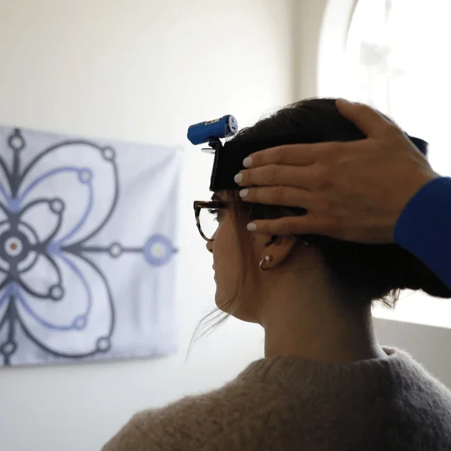 Woman going through neck care exercises.