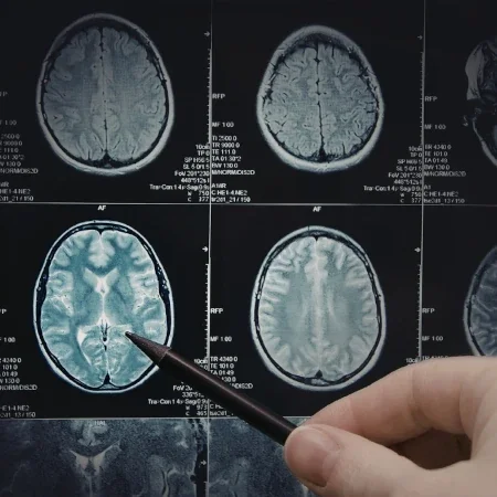 A person pointing with a pen at a brain MRI scan showing multiple cross-sectional images of the brain