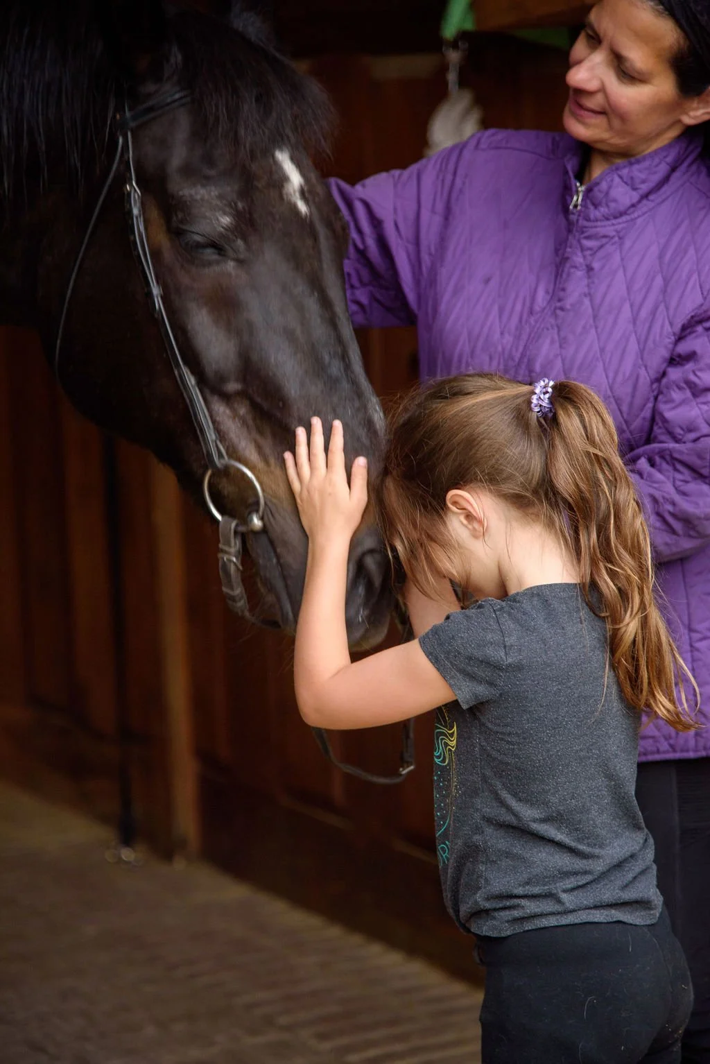 A young girl with brown hair in a ponytail touching a horse's face while an older woman stands nearby in a purple jacket, both inside a wooden stable.