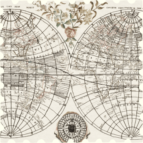Antica mappa del mondo con quattro quadranti rappresentanti le regioni del mondo conosciuto e decorazioni floreali sopra e sotto.