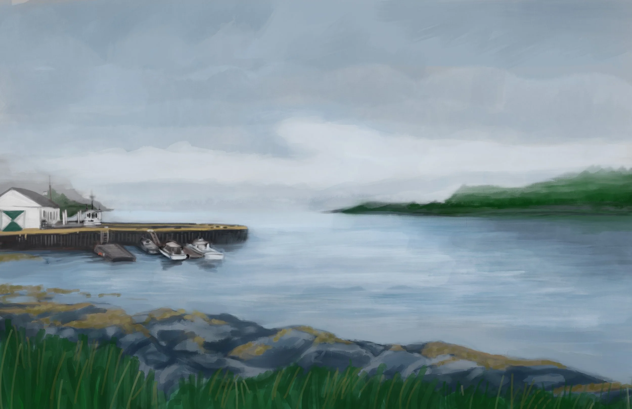 Painting of a pier with boats docked, a white boathouse, green shoreline rocks, and a cloudy sky over water and distant hills.