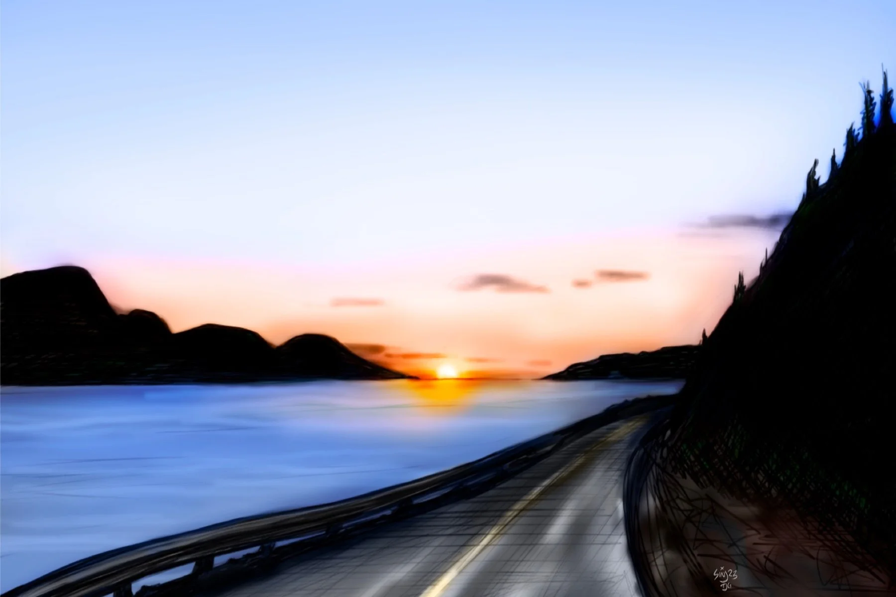 Digital painting of a road winding along a body of water with hills and a sunset.