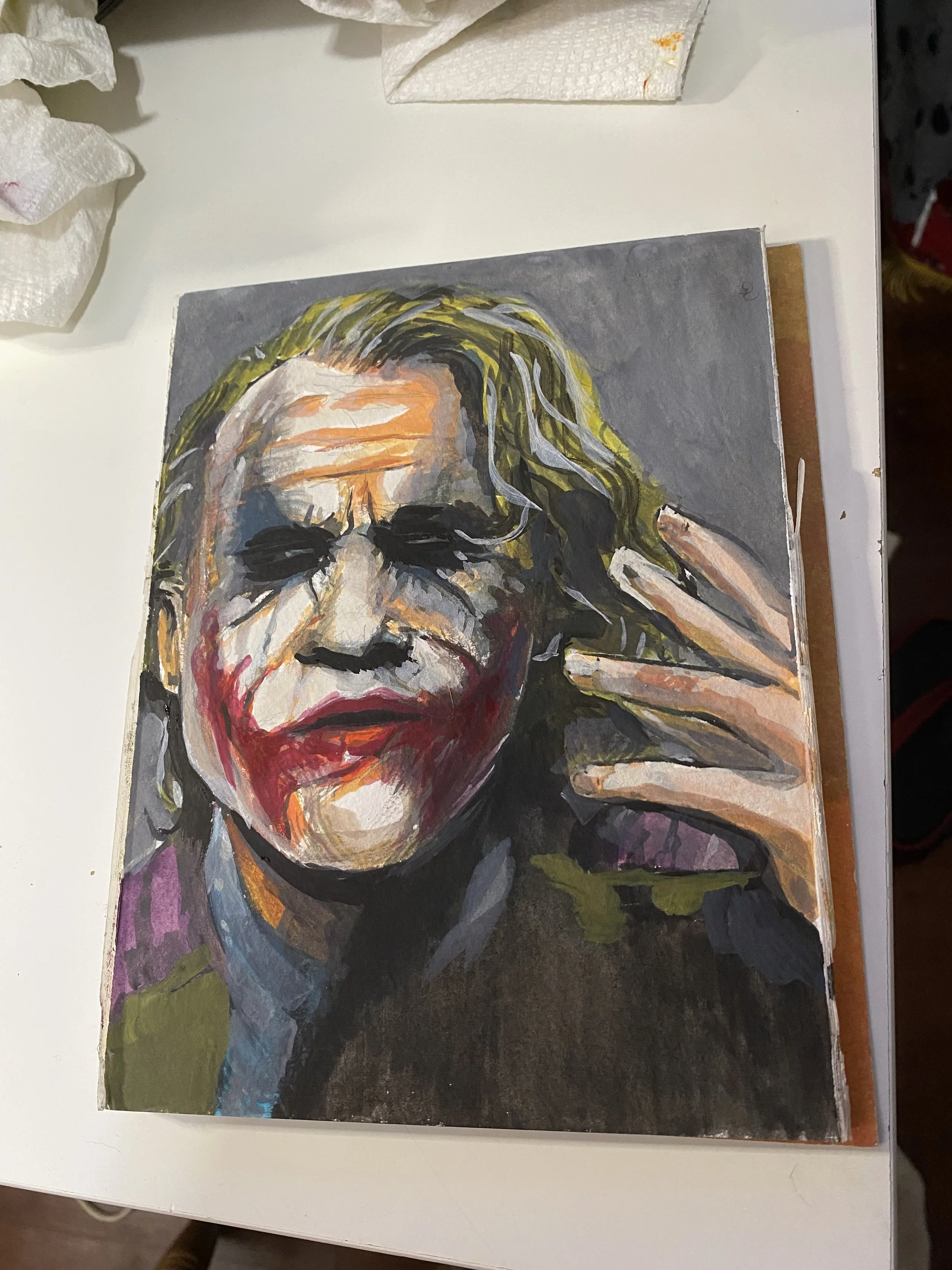 Painted portrait of a person with blonde hair, dark sunglasses, and red lipstick, making a peace sign with their right hand.