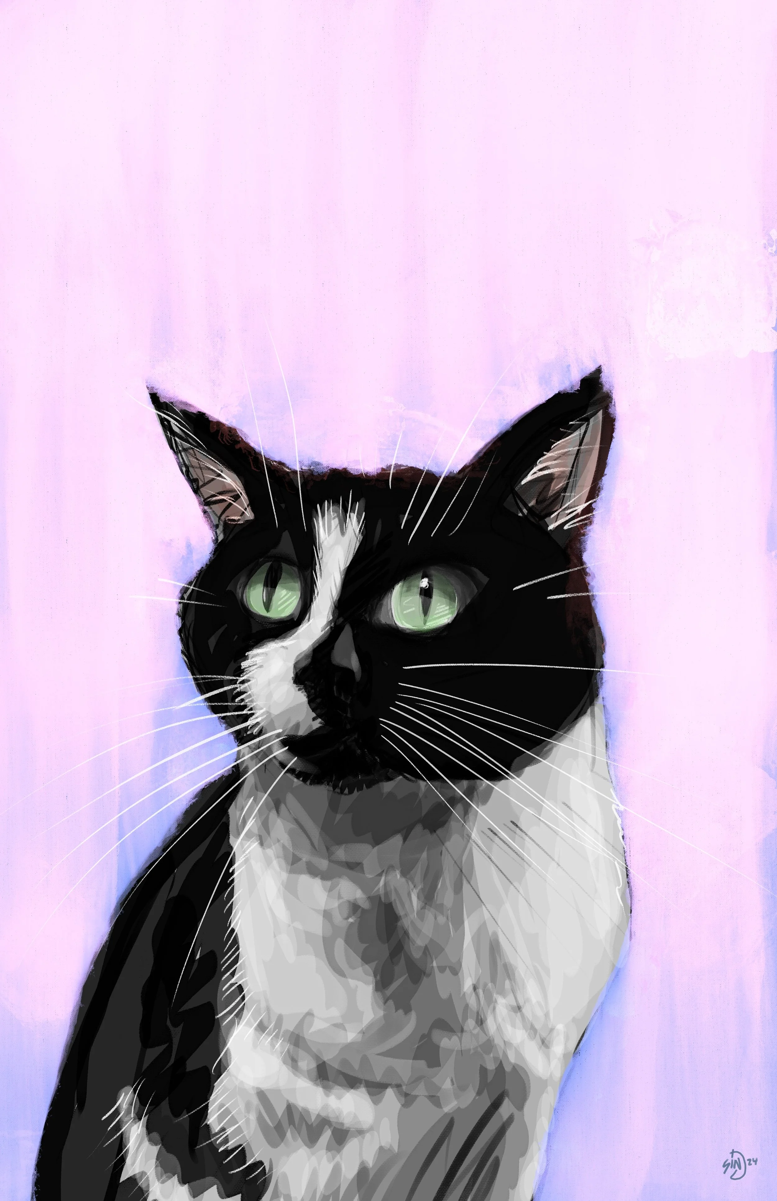 Digital painting of a black and white cat with green eyes against a pink background.