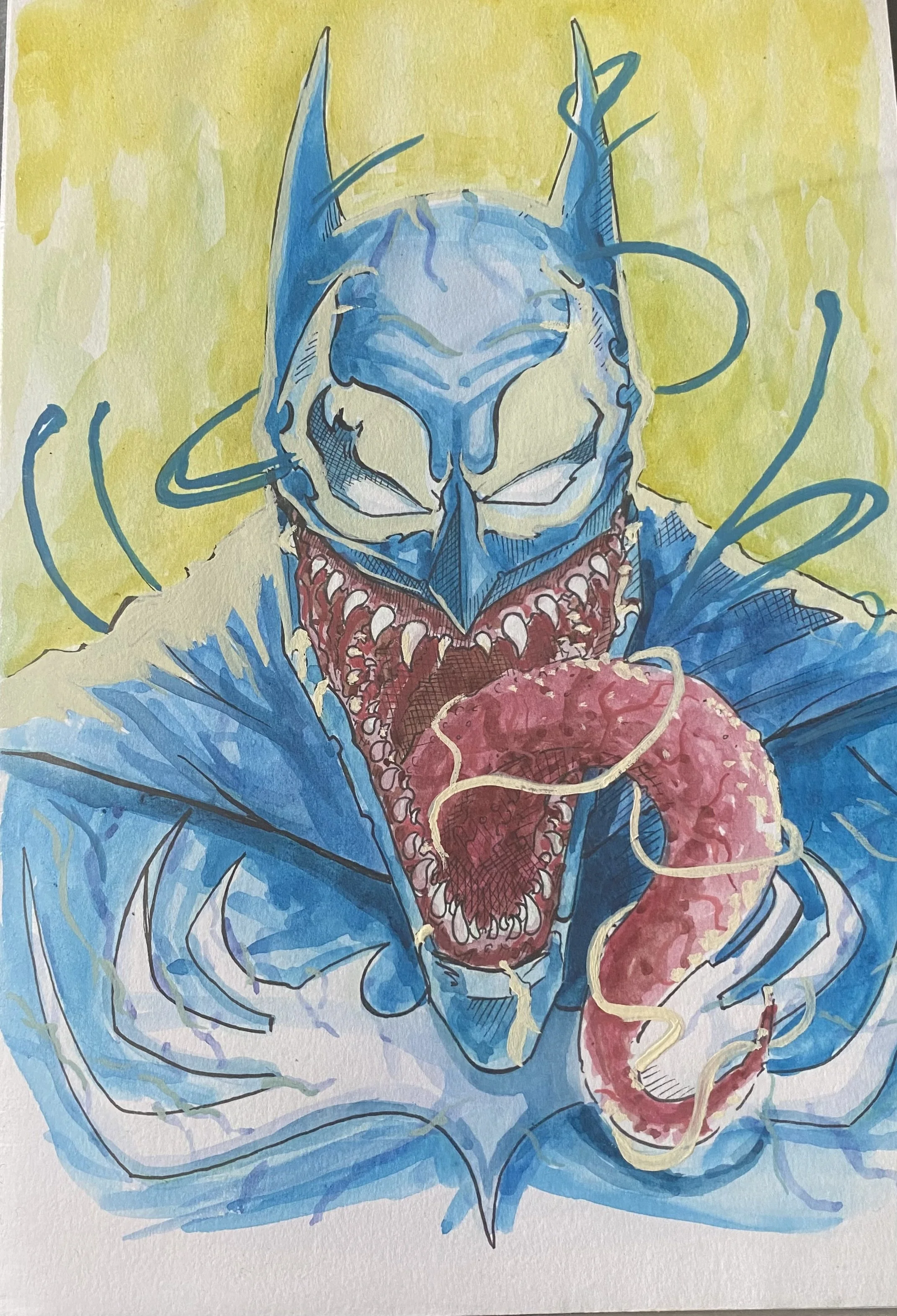 A colorful illustration of a superhero with a blue and white mask and pointed ears, holding a red tentacle with pink and yellow details, against a yellow background.