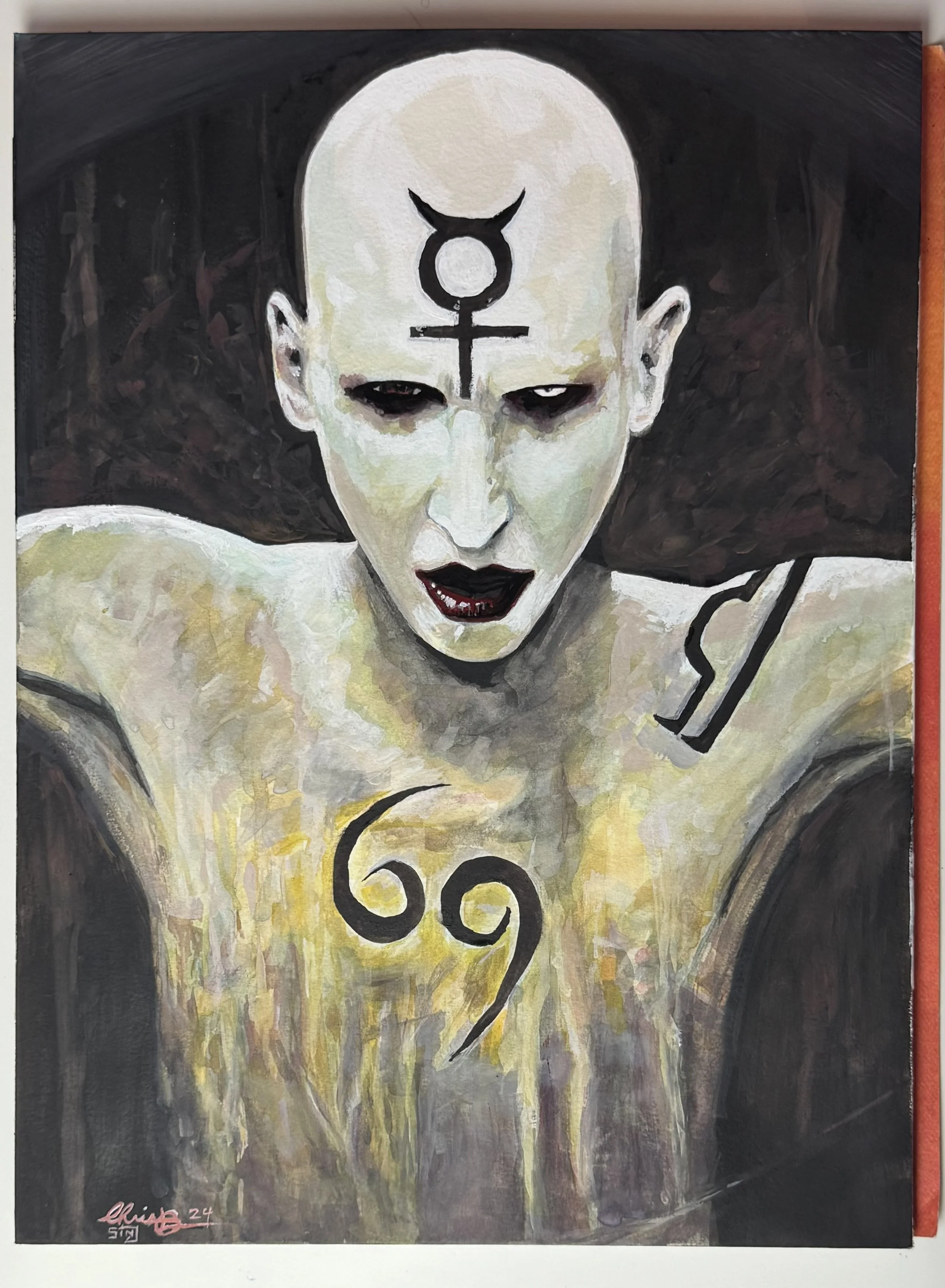 A painting of a humanoid figure with pale skin, black makeup around eyes, and black lips, with symbols on the forehead and chest, against a dark background.