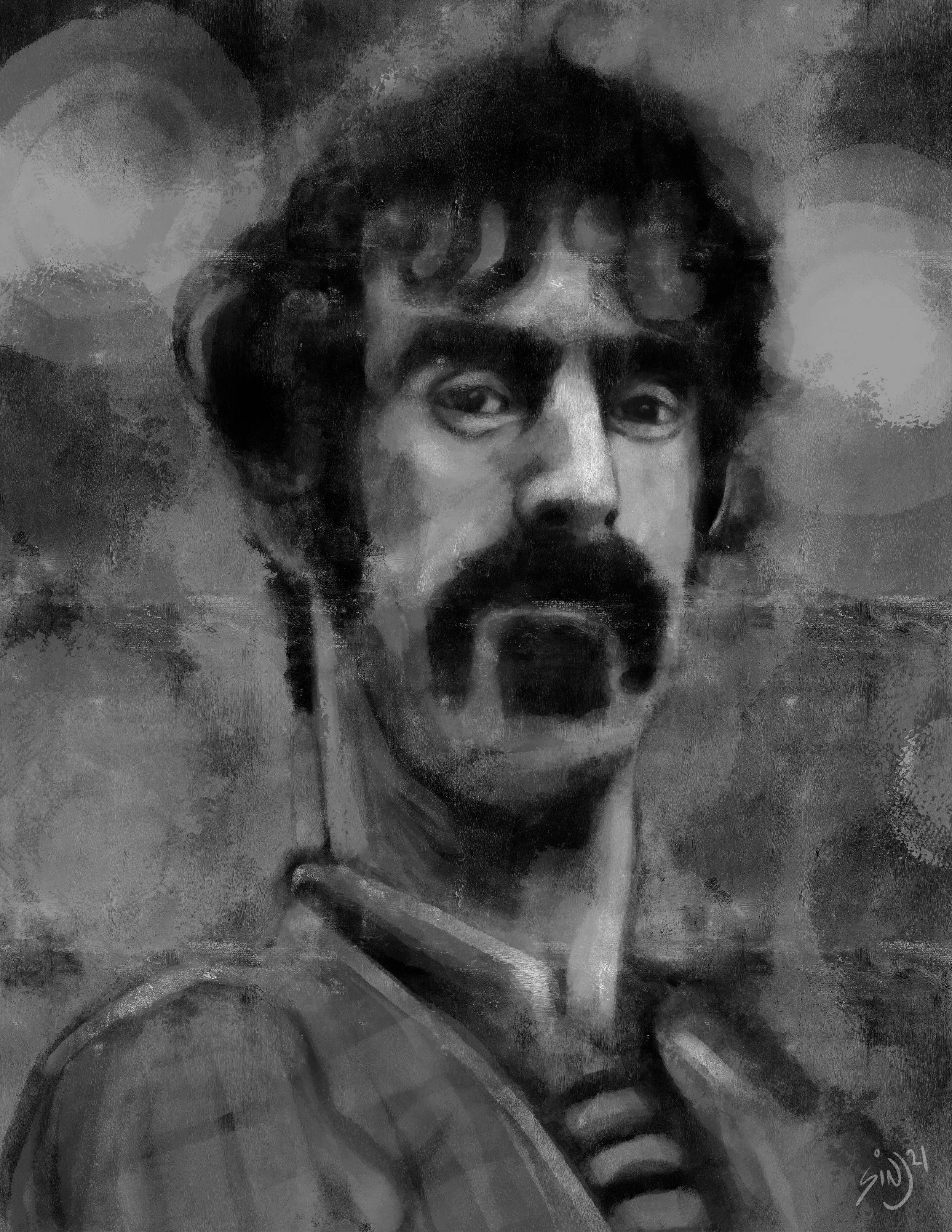 A black and white painting of a man with curly hair, a thick mustache, and a beard, wearing a jacket and holding it with one hand near his chest.