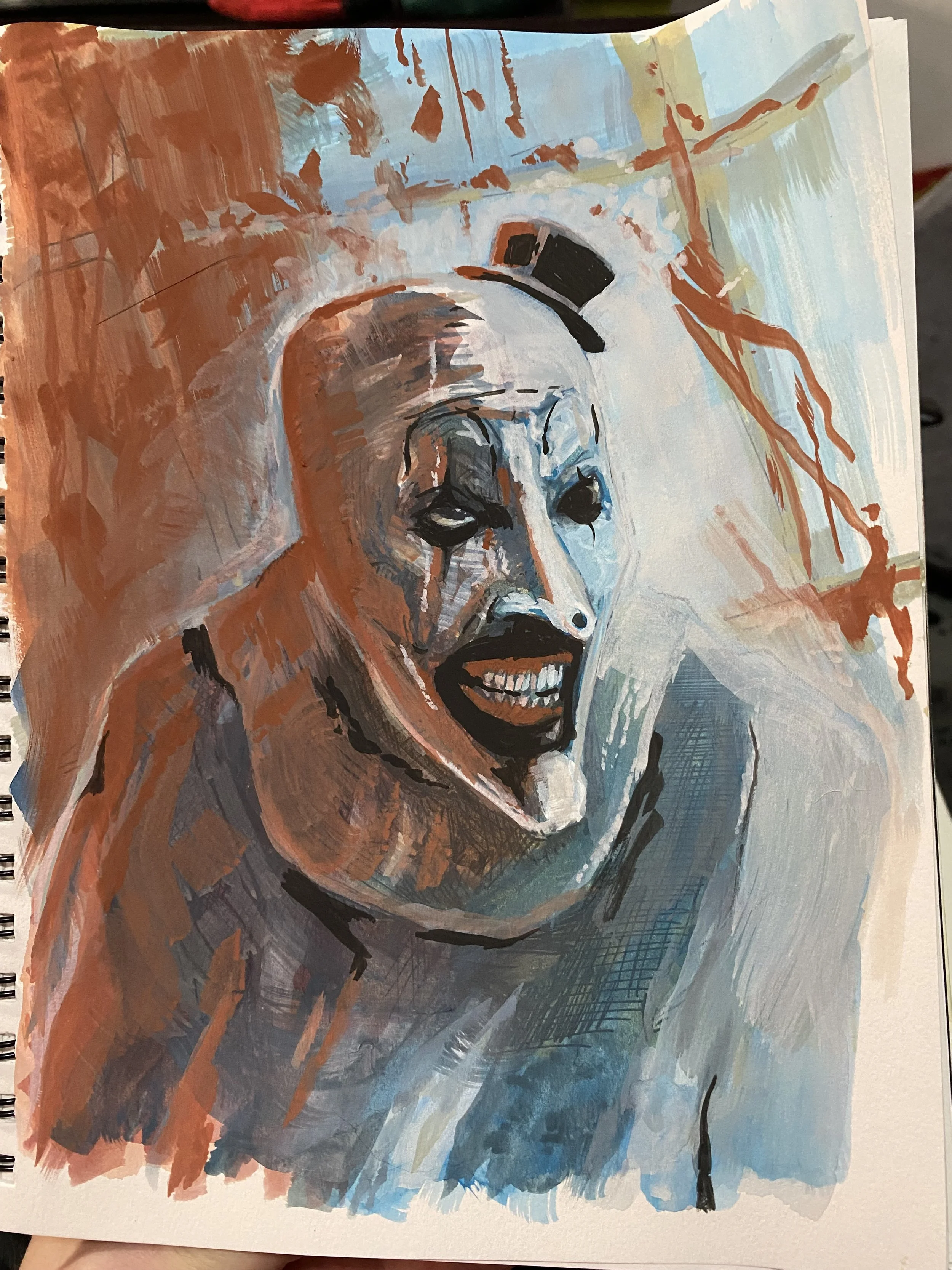 An abstract painting of a clown with a painted white face, dark eyes, and a wide, dark mouth showing teeth, wearing a small black hat. The background has orange and blue brush strokes.