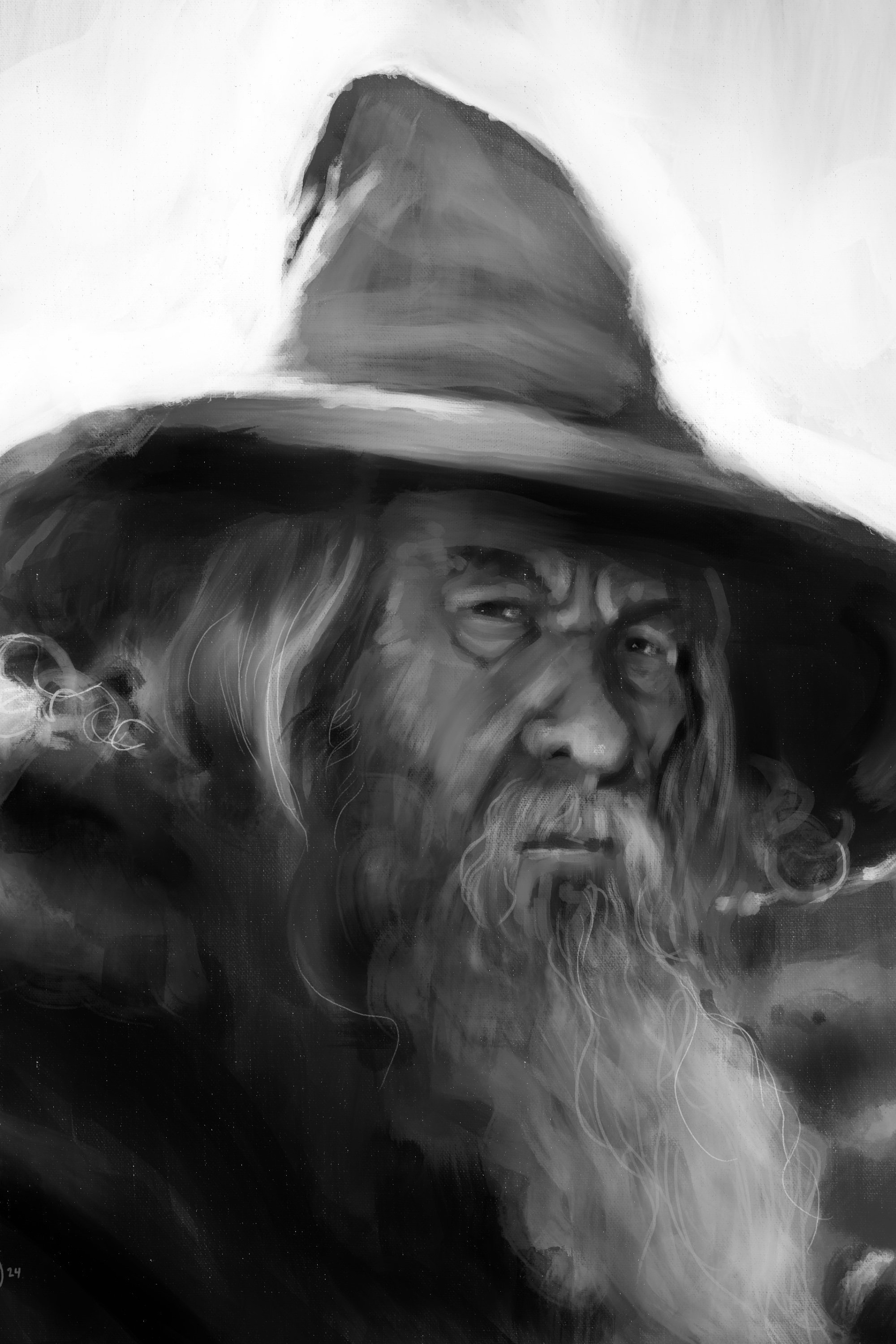 Black and white painting of a bearded man wearing a wide-brimmed hat.