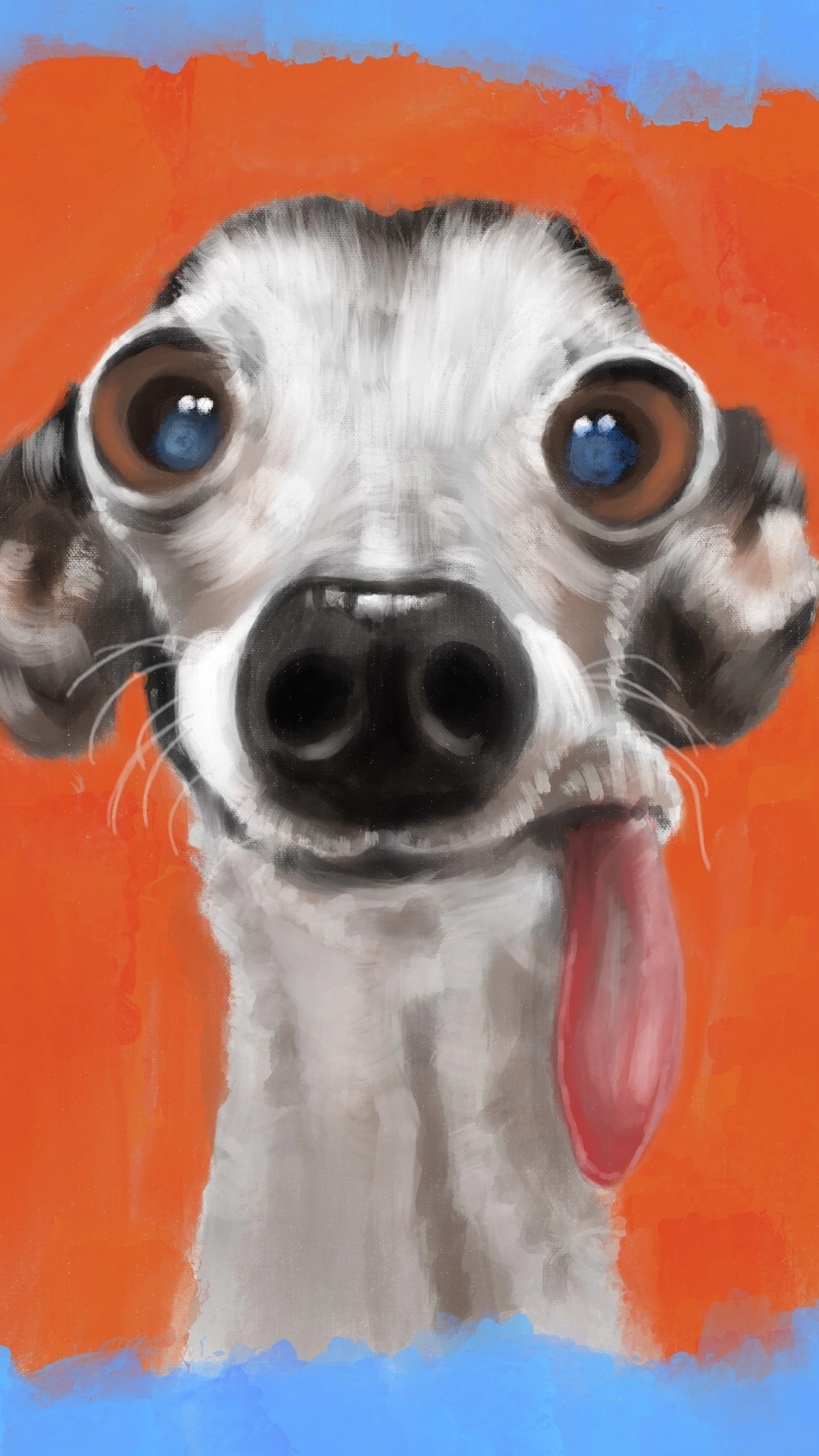 A colorful painting of a happy dog with big eyes, a black nose, and tongue hanging out, against a vibrant orange and blue background.