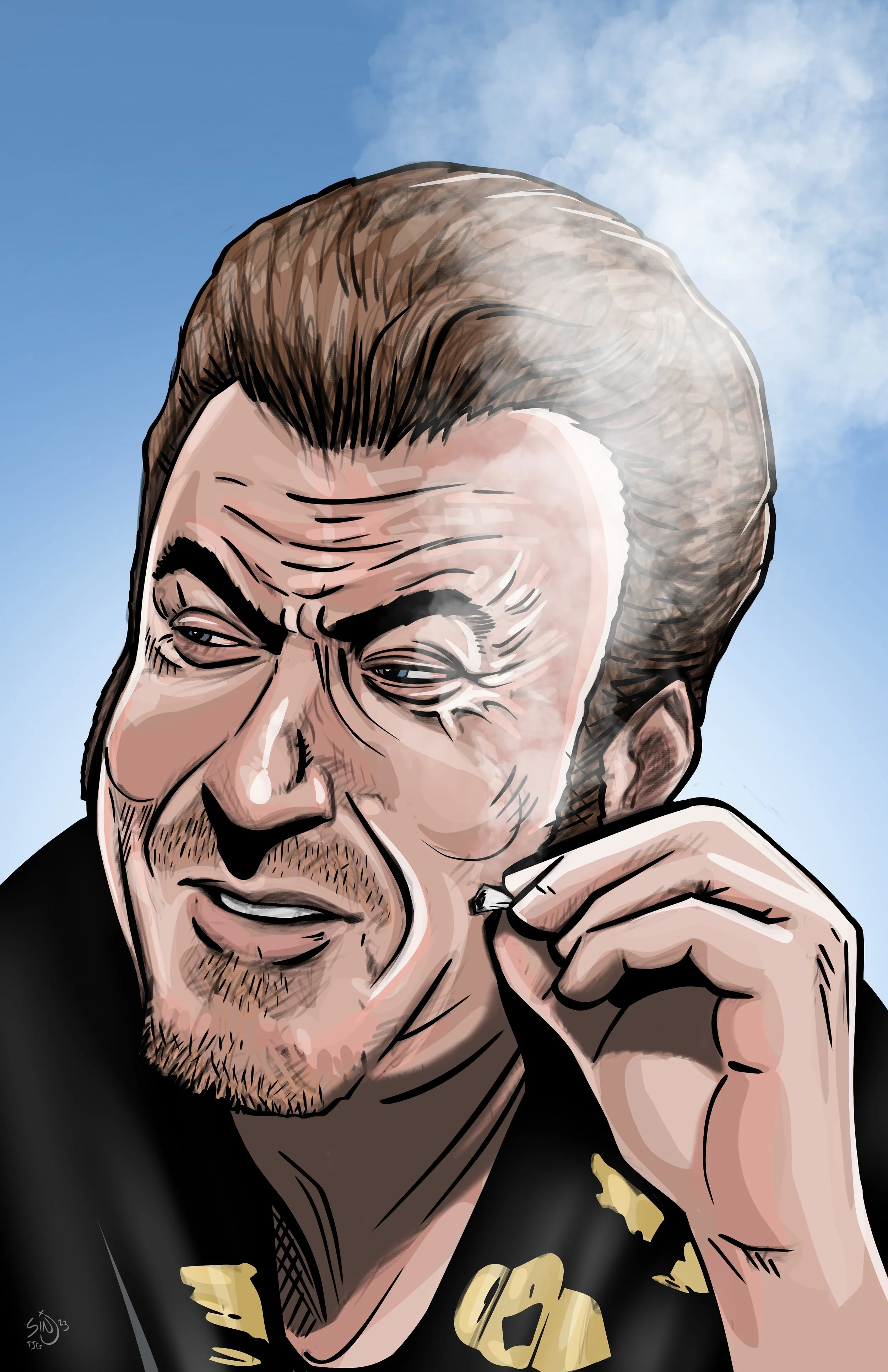 Illustration of a man with slicked-back hair holding a cigarette, with a smirk on his face, against a cloudy sky background.