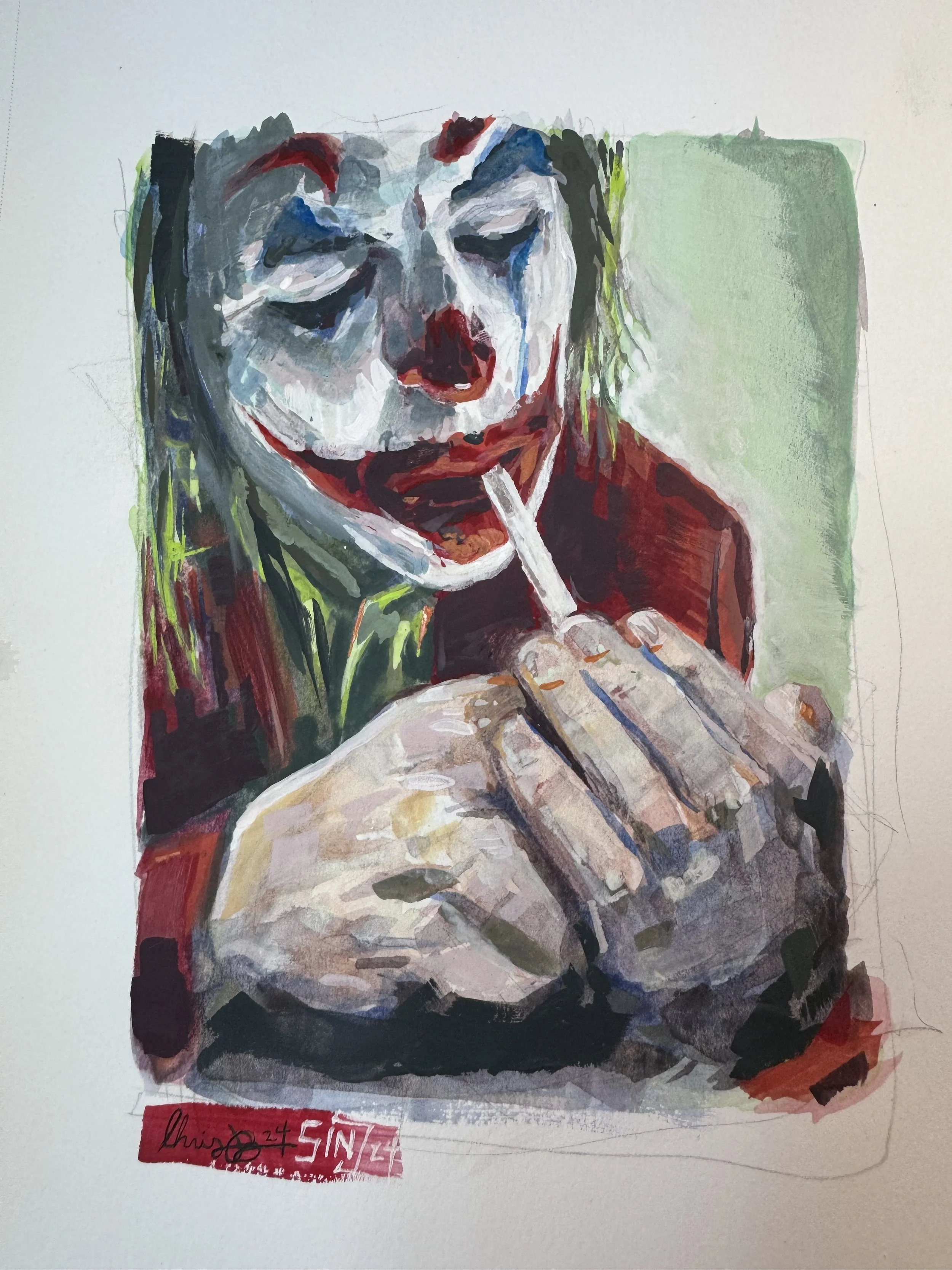 A watercolor painting of the Joker, with white face paint, red lips, and blue and red makeup around the eyes, holding a cigarette with a relaxed expression.