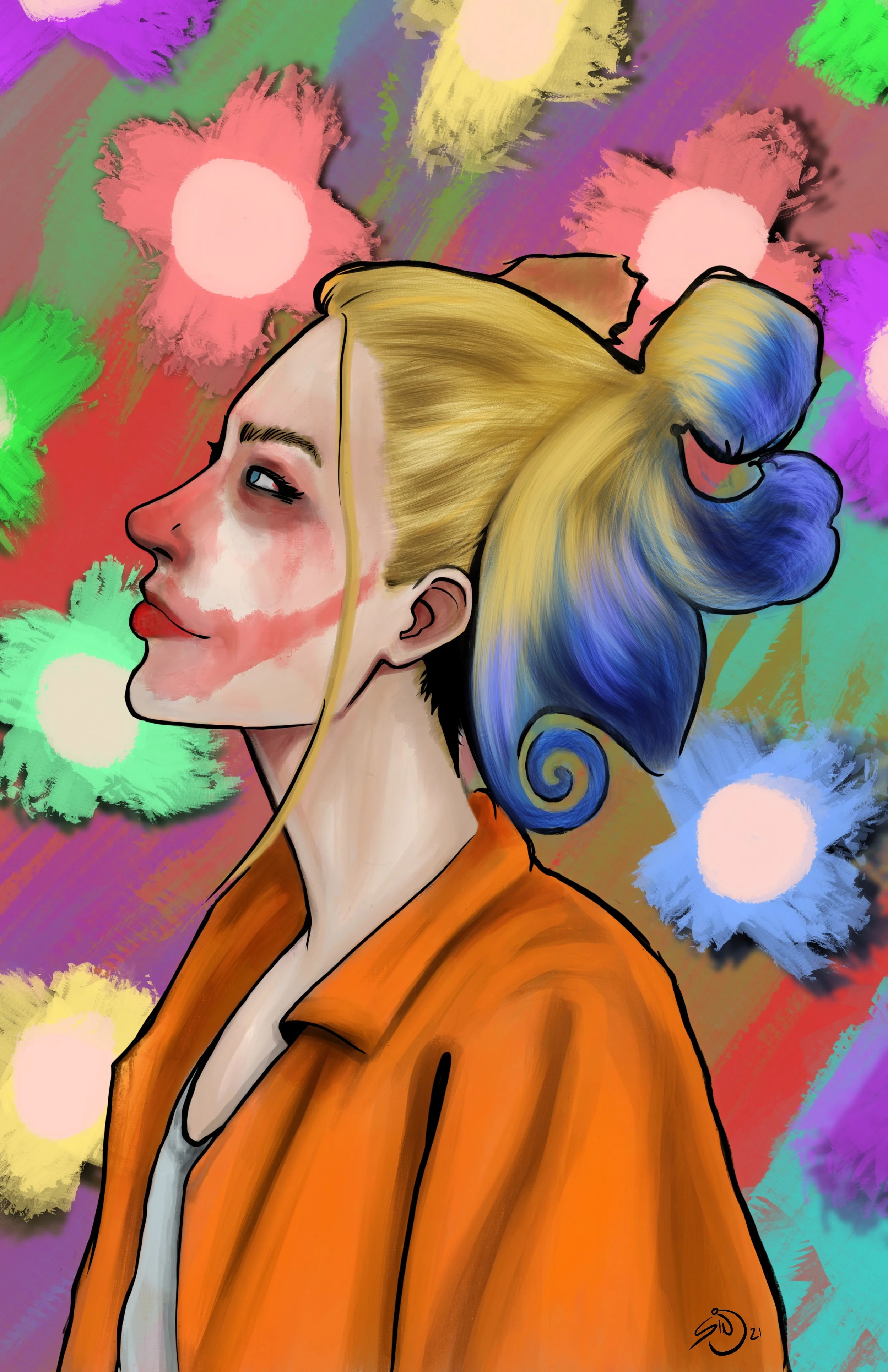 Digital artwork of a woman in profile with blonde and blue hair, wearing an orange jacket, set against a colorful background of abstract floral shapes.