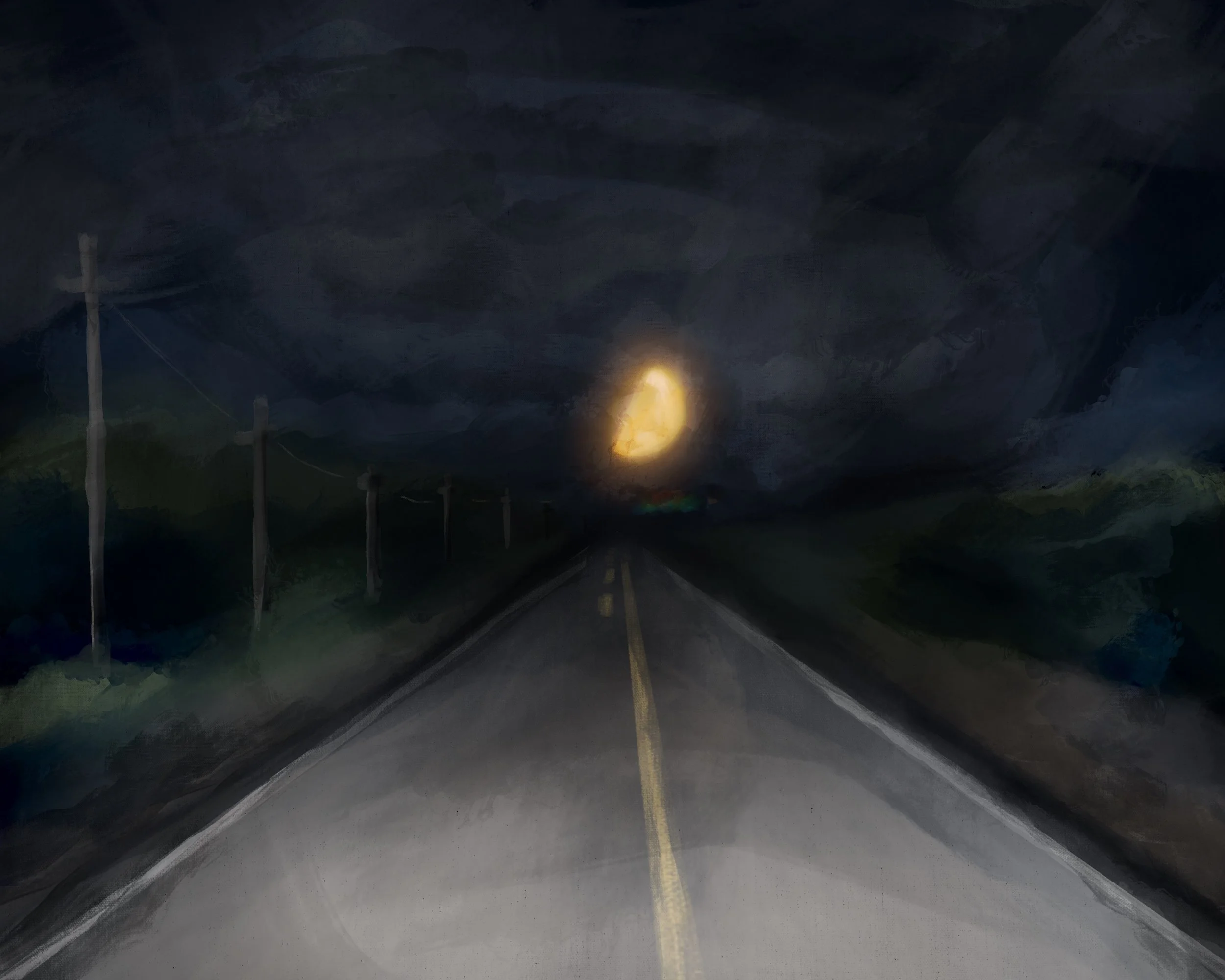 A dark, empty road at night with a nearly full moon in the cloudy sky, lined with utility poles on the left side.